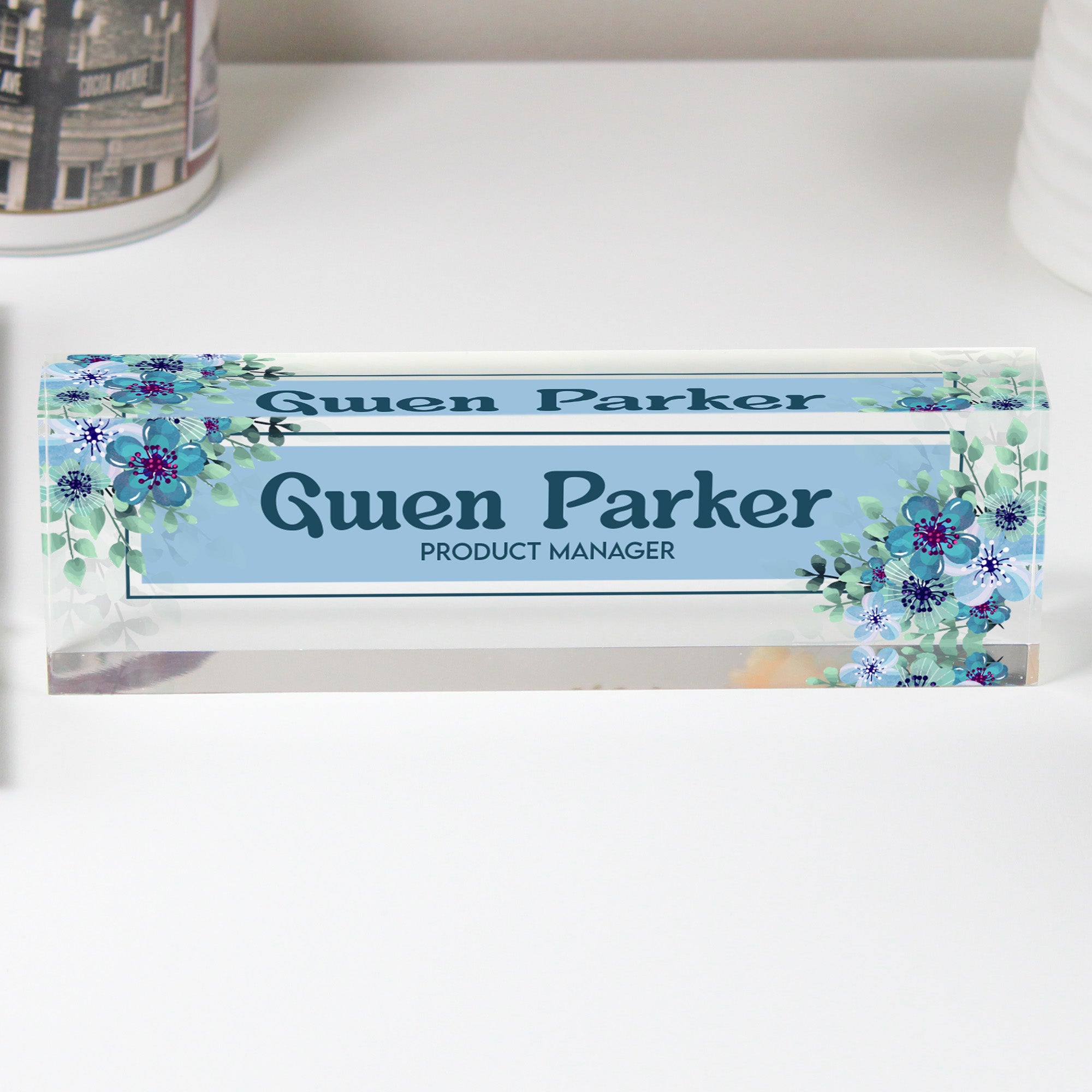 Personalized Acrylic Desk Block Name Plate with Floral Design - Custom Office Decor for Product Managers - Image 1