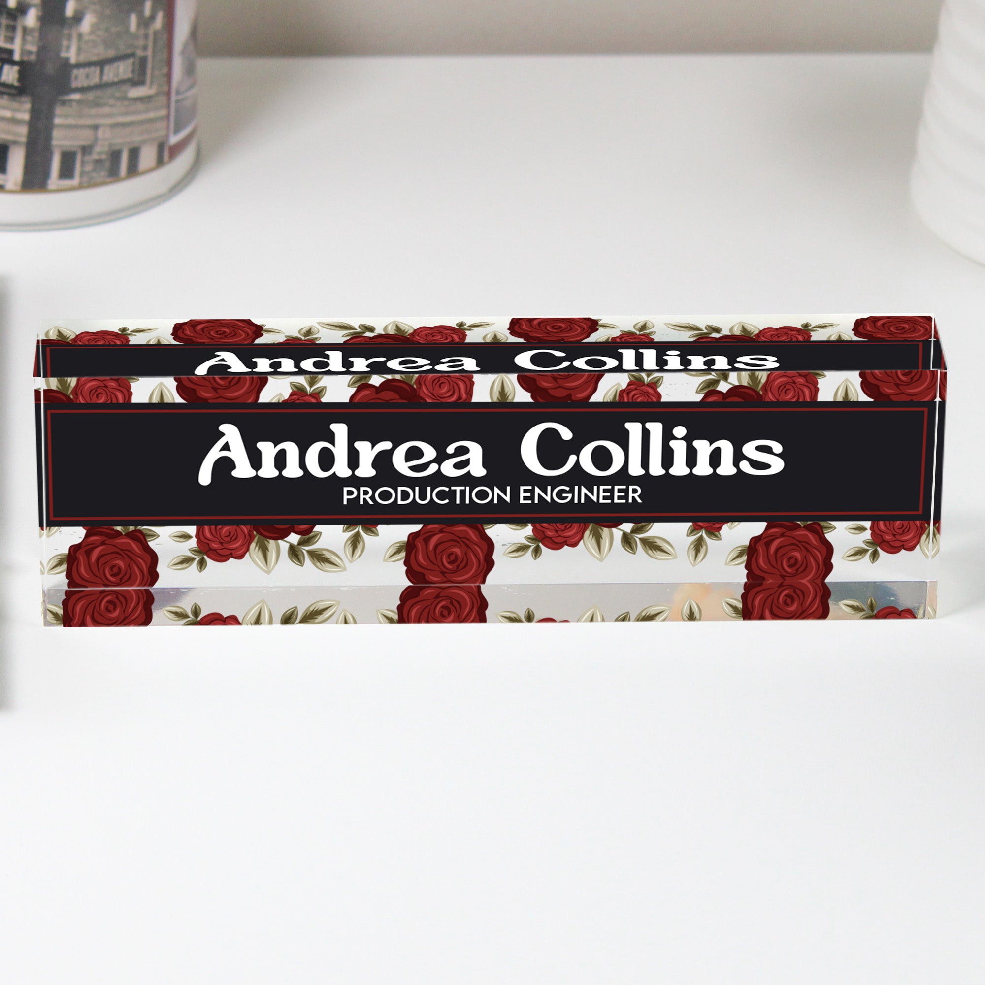 Personalized Acrylic Desk Name Plate - Elegant Rose Design for Office Professional - Perfect Gift for Engineers - Image 1