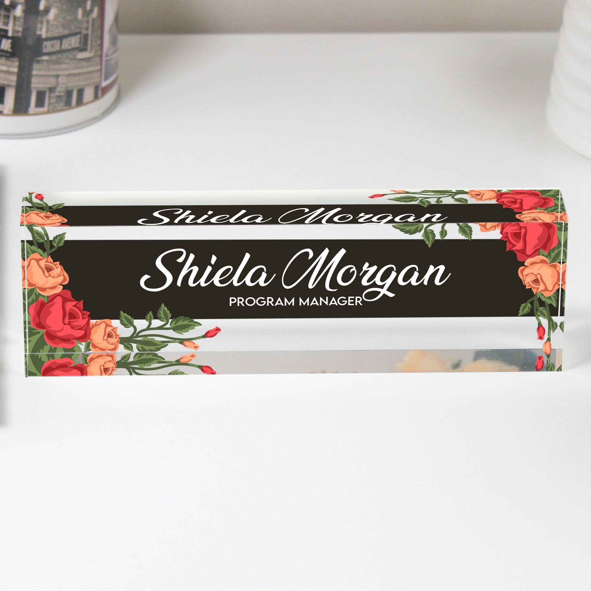 Personalized Floral Acrylic Desk Block - Elegant Nameplate for Program Managers - Customizable Gift for Office Decor - Image 1