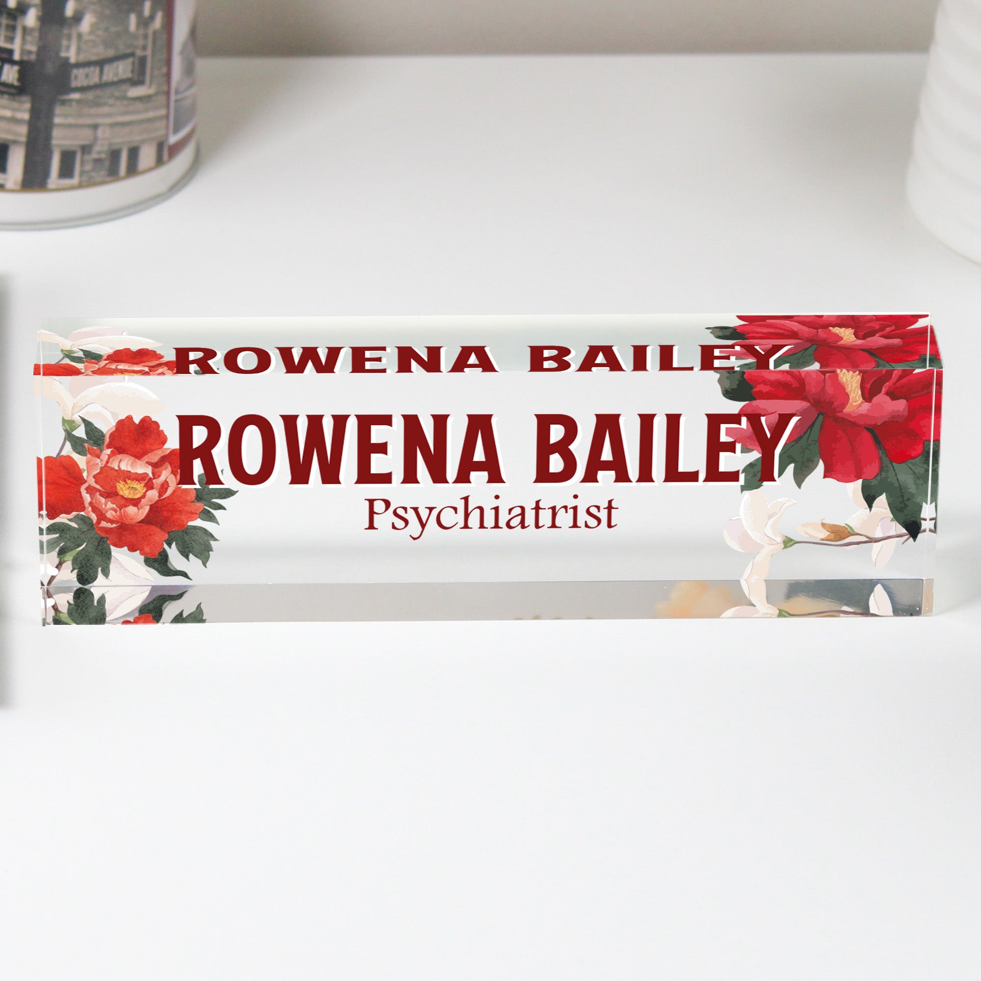Personalized Acrylic Desk Name Block with Floral Design – Perfect Custom Gift for Psychiatrists and Professionals - Image 1