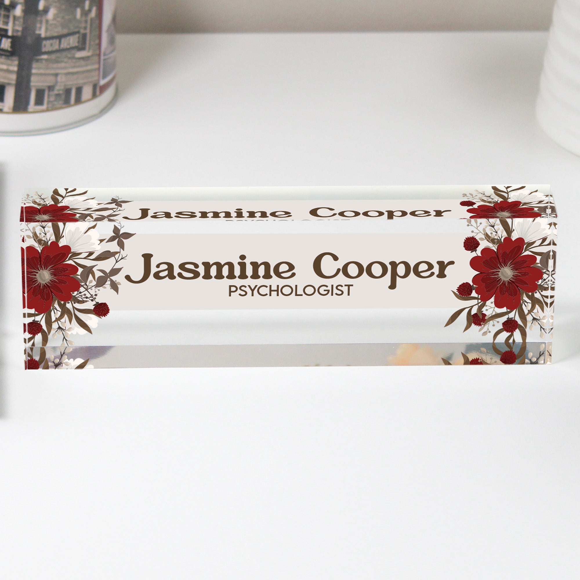 Personalized Floral Acrylic Desk Name Plate - Custom Engraved for Professionals, Perfect Gift for Psychologists - Image 1