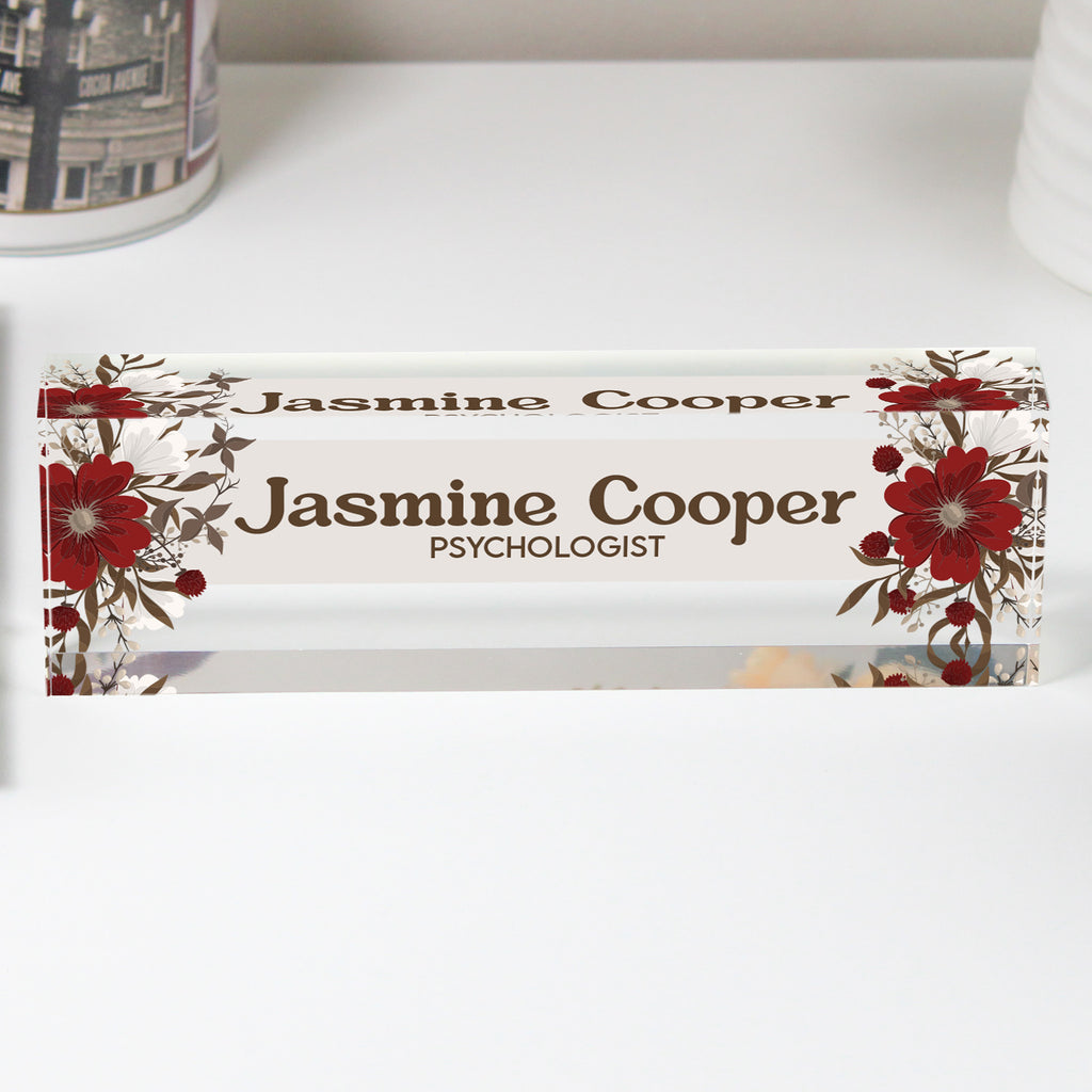 Personalized Floral Acrylic Desk Name Plate - Custom Engraved for Professionals, Perfect Gift for Psychologists - Image 1