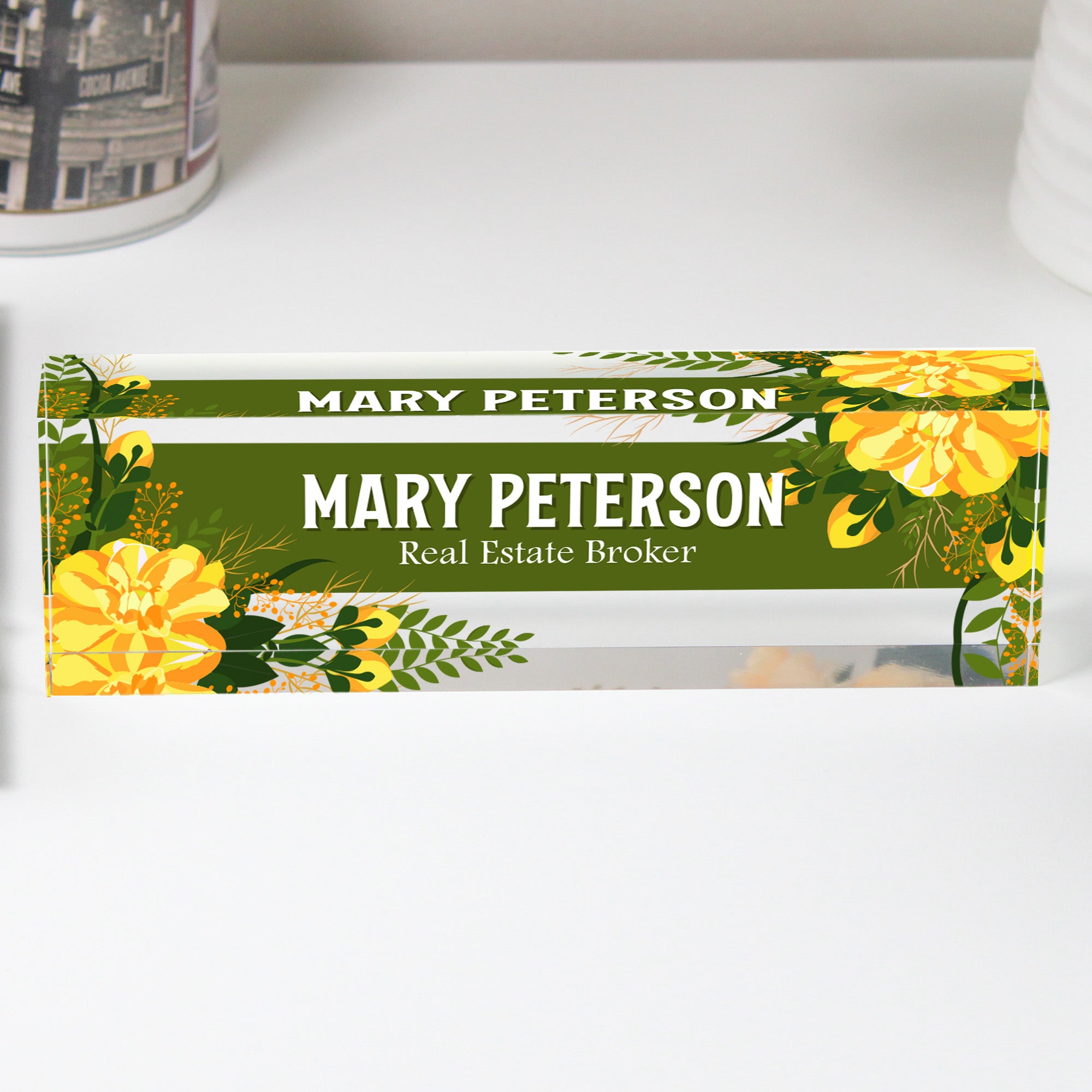 Personalized Acrylic Desk Name Plate with Floral Design - Elegant Custom Office Decor for Real Estate Agents and Professionals - Image 1