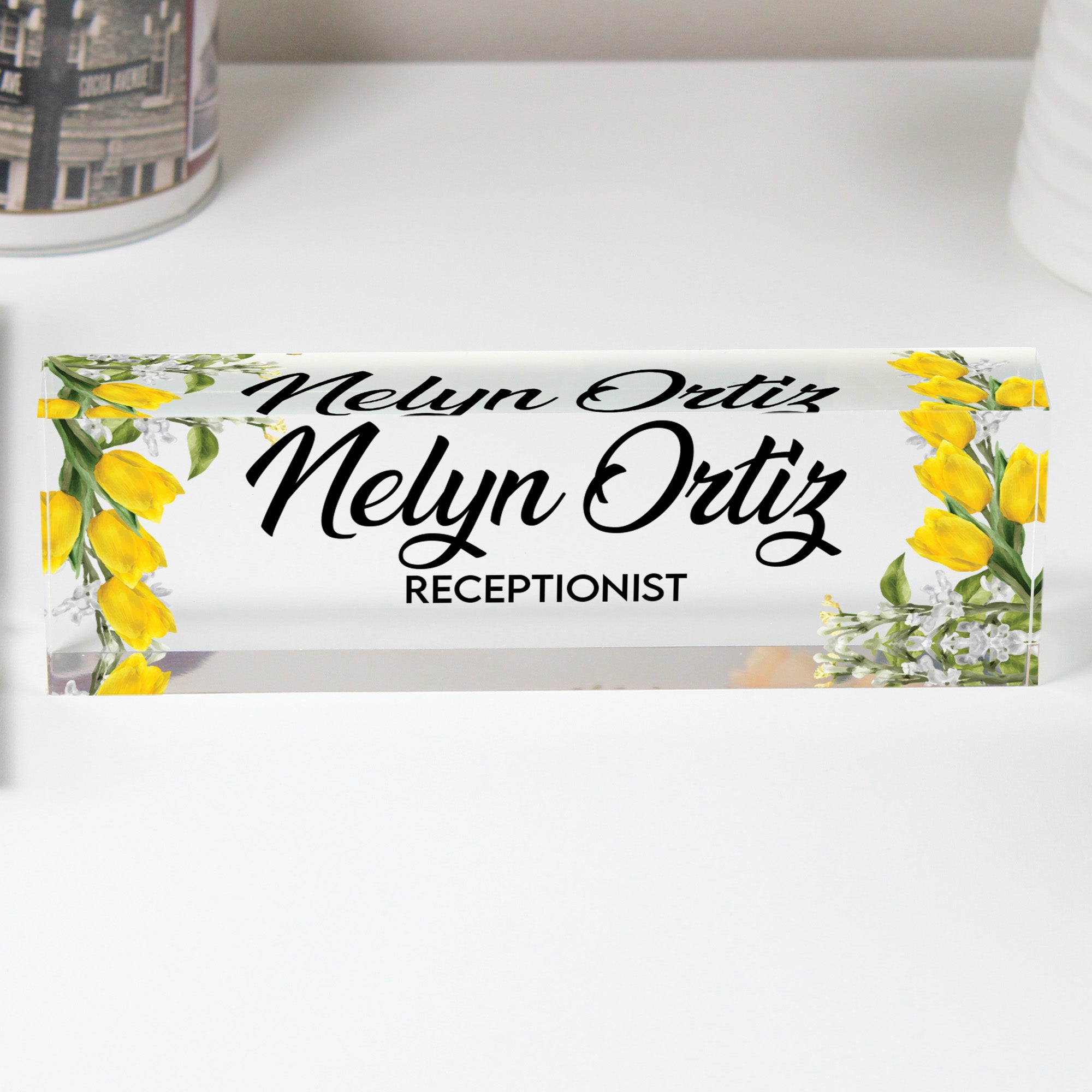 Personalized Acrylic Desk Name Plate with Yellow Floral Design – Custom Office Decor for Receptionists and Gift Giving - Image 1
