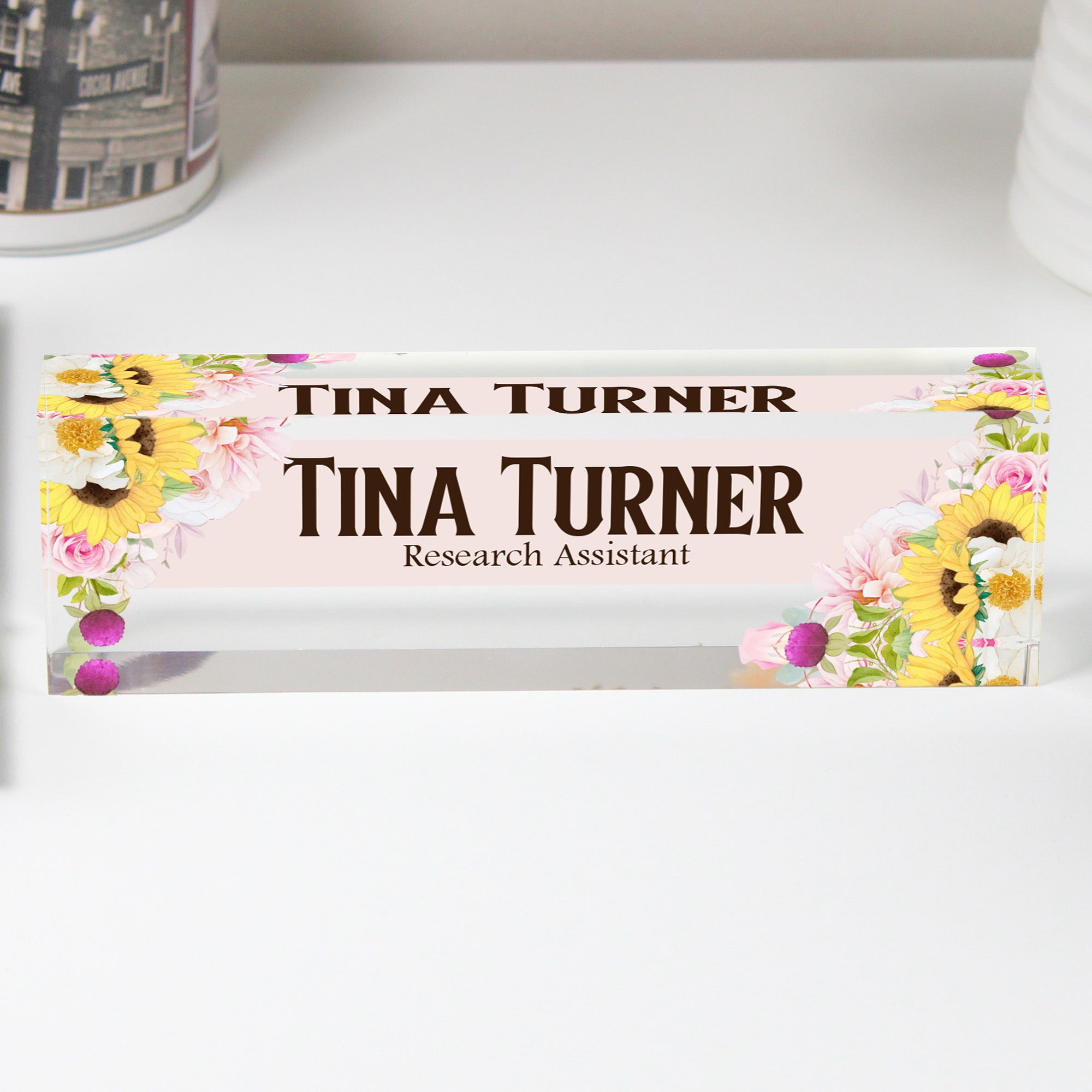 Personalized Floral Acrylic Desk Block - Custom Name Plate for Home or Office - Elegant Gift for Research Assistants - Image 1