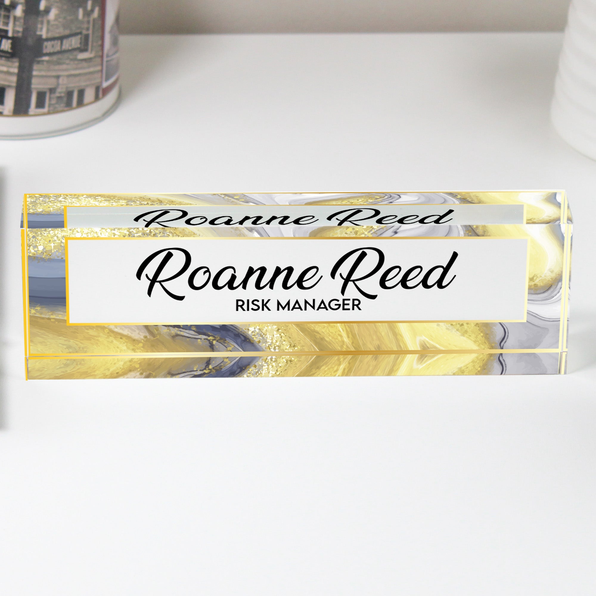 Personalized Acrylic Desk Name Plate - Elegant Gold Marbled Design for Risk Managers - Custom Office Decor & Gift - Image 1