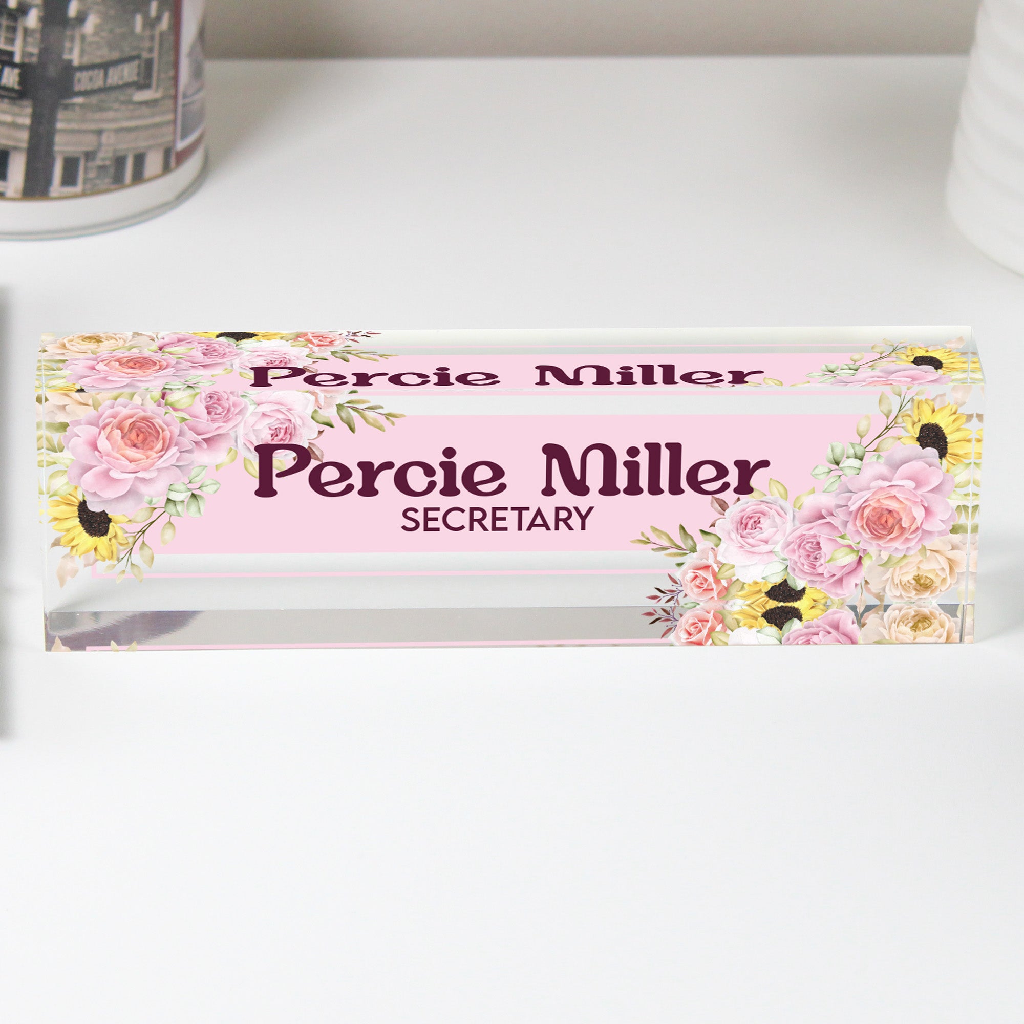 Personalized Floral Acrylic Desk Nameplate - Custom Secretary Gift, Elegant Floral Design, Perfect for Office Décor - Image 1