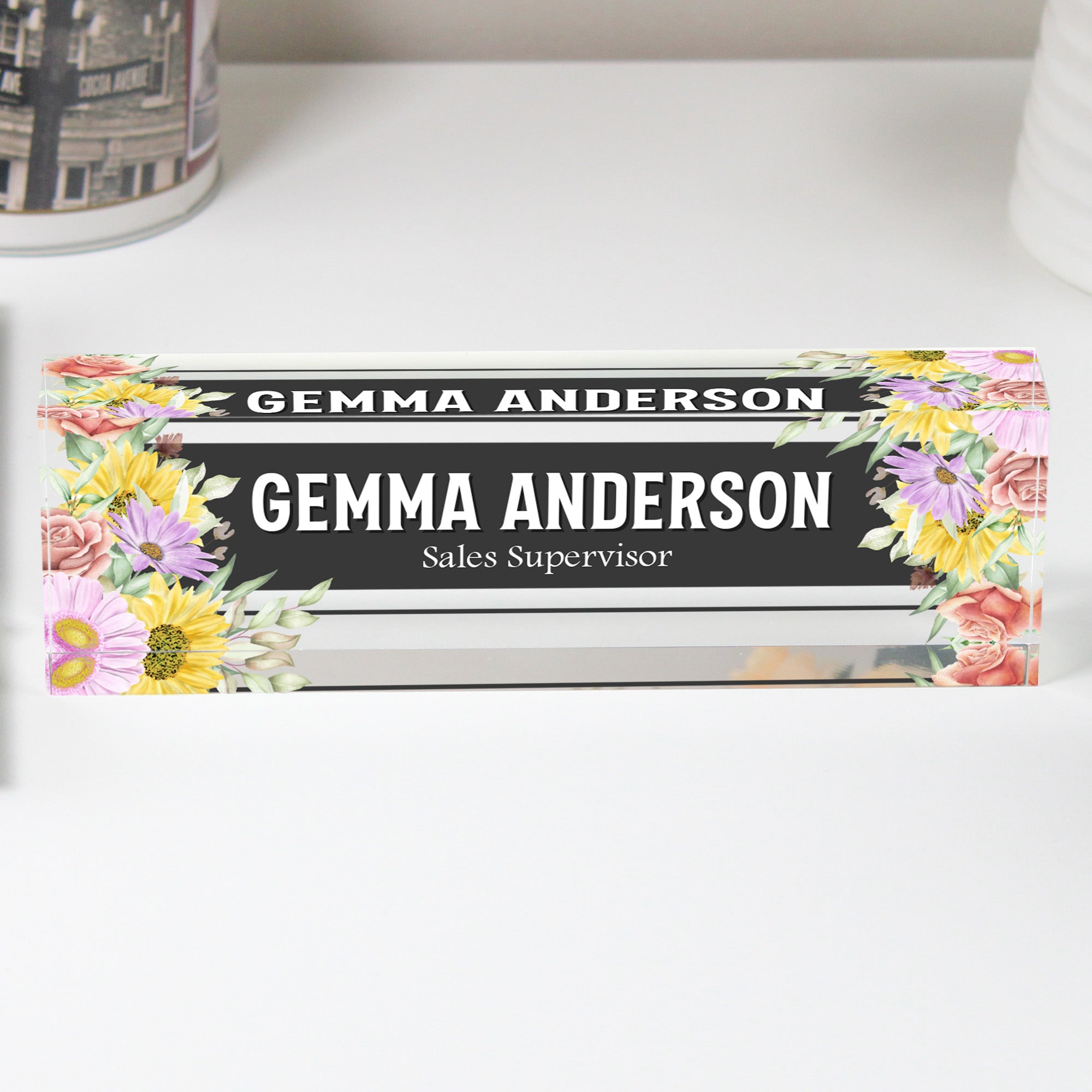 Personalized Floral Acrylic Desk Block with Custom Name & Title – Perfect Gift for Sales Professionals - Image 1
