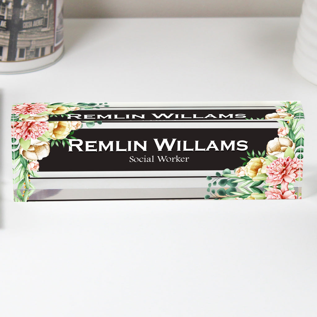 Personalized Floral Acrylic Desk Block for Social Workers – Custom Name Plaque, Perfect Gift for Office Decor - Image 1