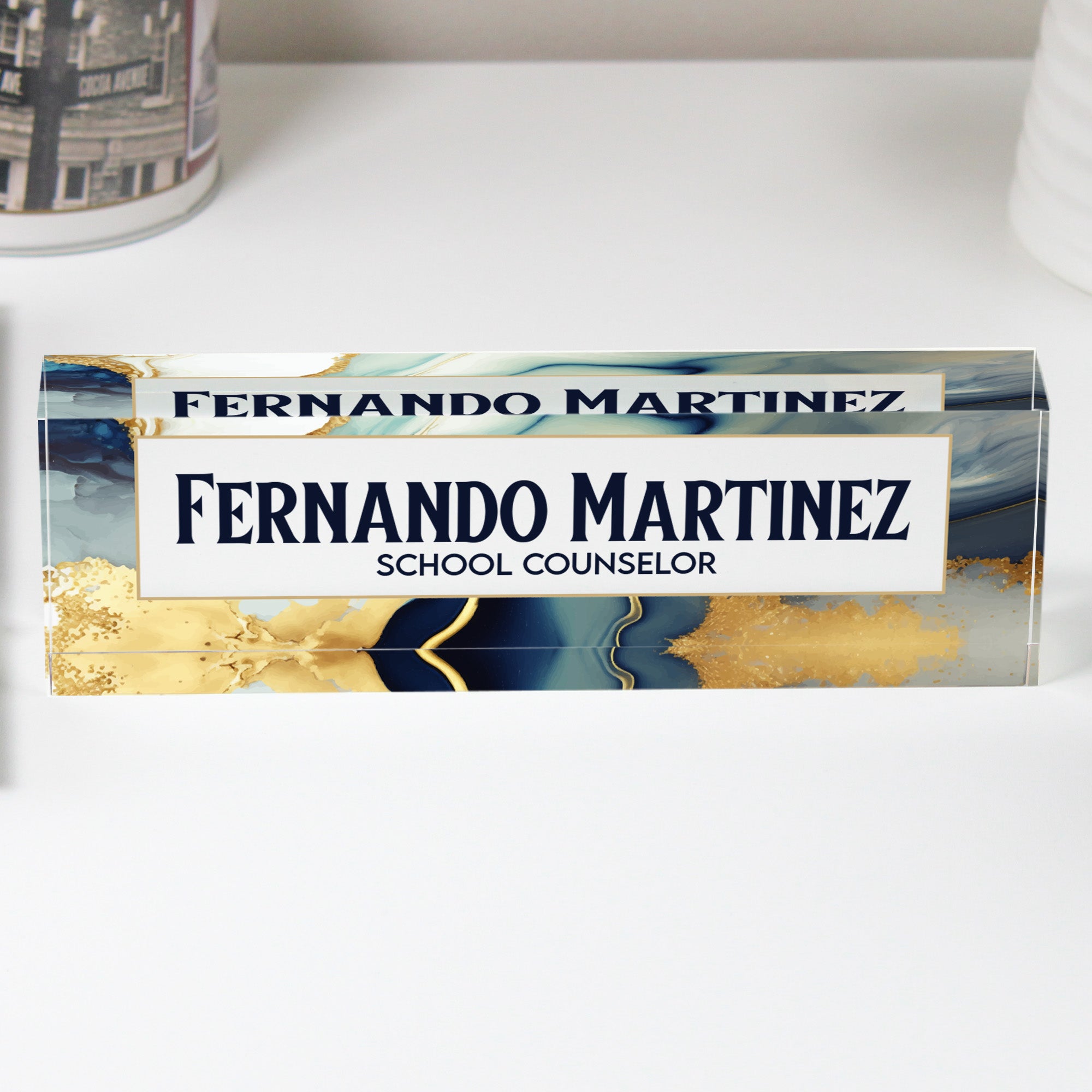 Personalized Acrylic Desk Nameplate with Marble and Gold Design - Custom Office Decor for Teachers and Professionals - Image 1
