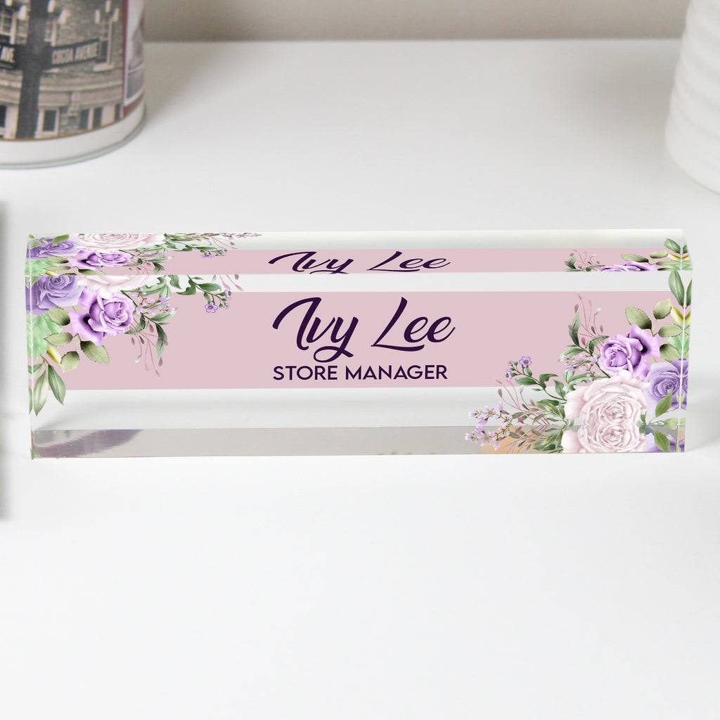 Personalized Floral Acrylic Desk Block - Custom Name Plate for Store Manager - Elegant Office Decor and Thoughtful Gift - Image 1