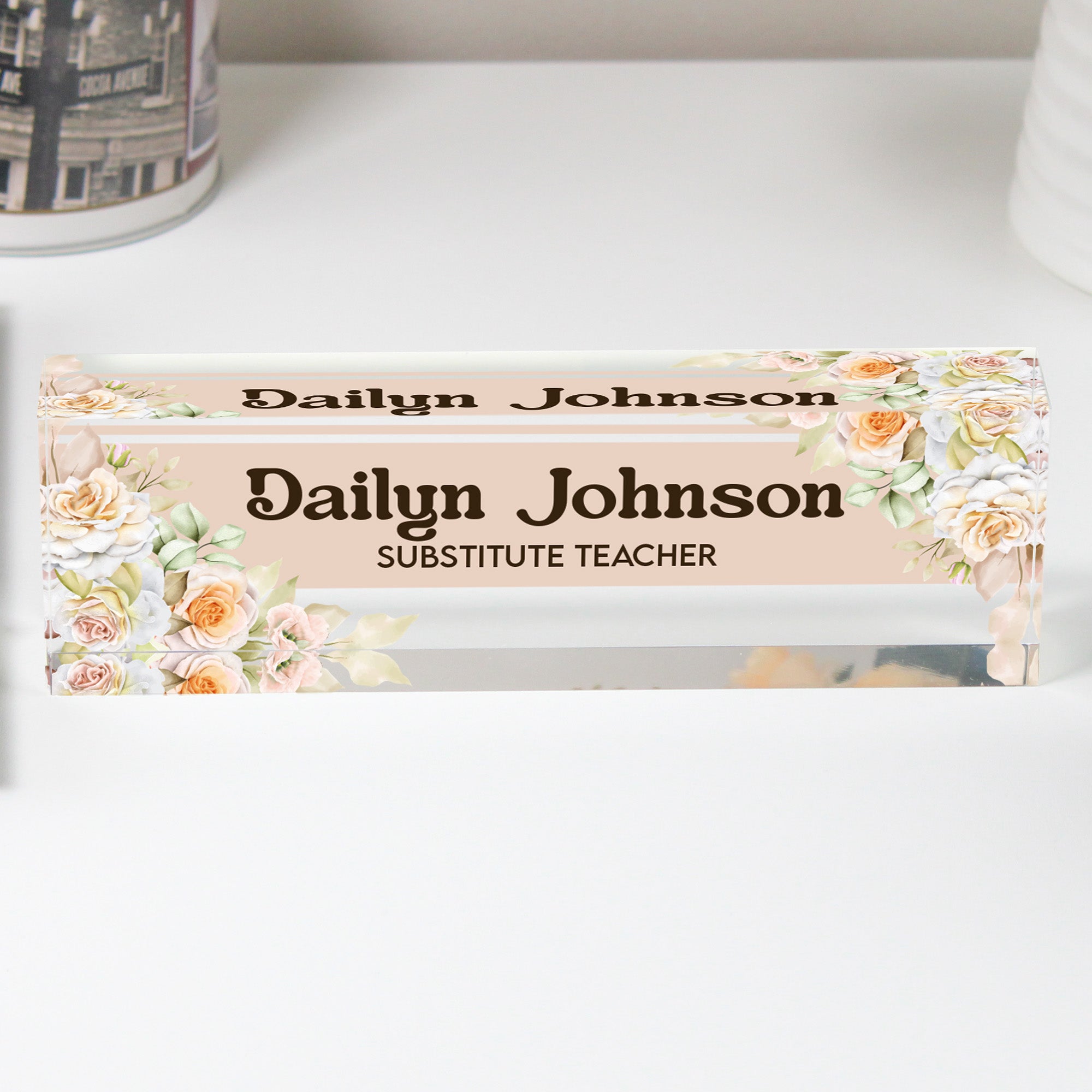 Personalized Acrylic Desk Name Block with Floral Design – Customizable for Teachers, Office Decor, and Thoughtful Gift Ideas - Image 1