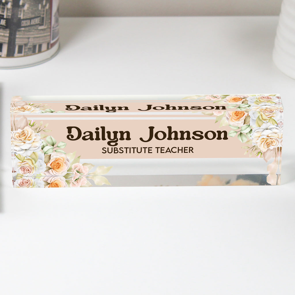 Personalized Acrylic Desk Name Block with Floral Design – Customizable for Teachers, Office Decor, and Thoughtful Gift Ideas - Image 1