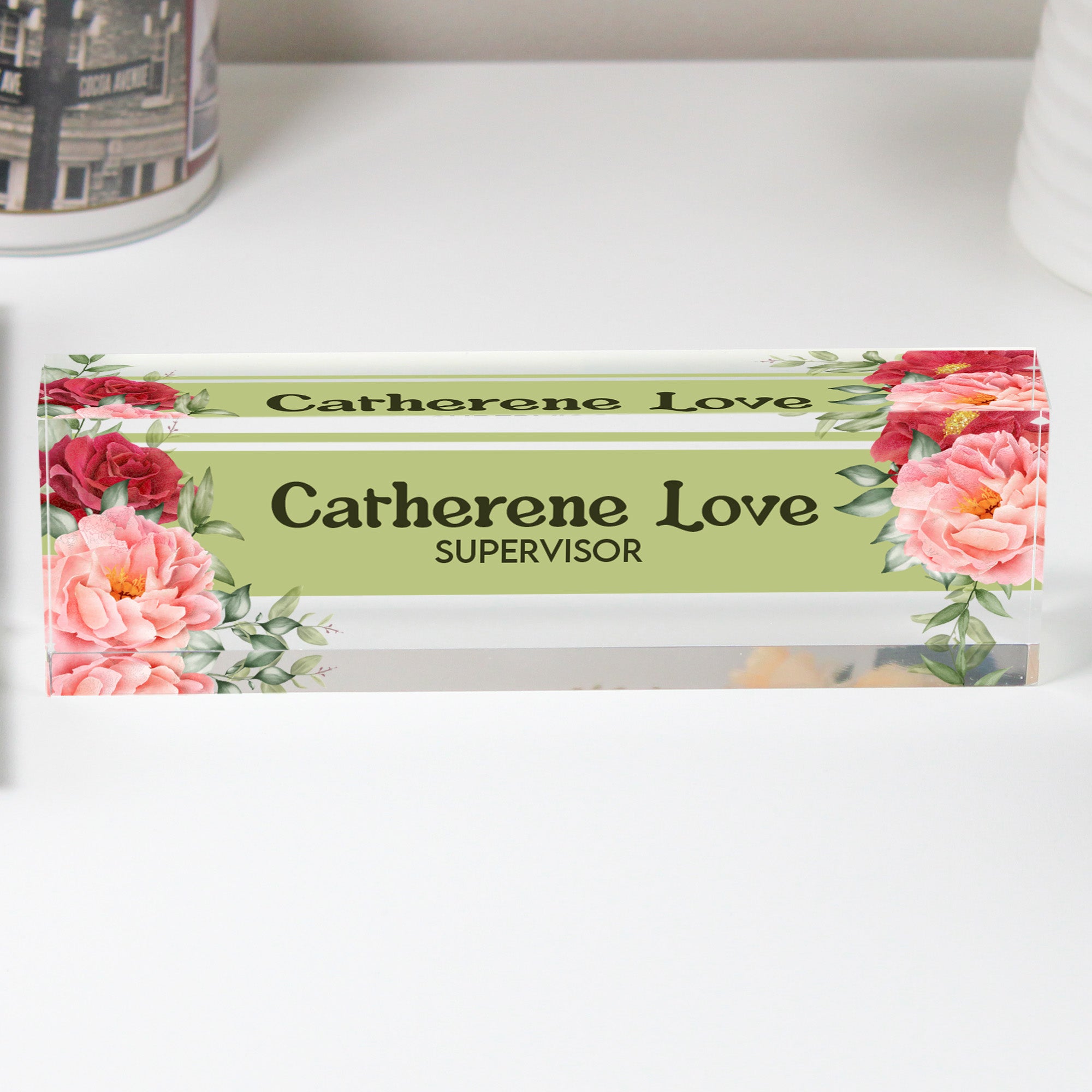 Personalized Floral Acrylic Desk Name Block - Elegant Office Decor for Supervisors, Gifts for Women, Custom Nameplate - Image 1