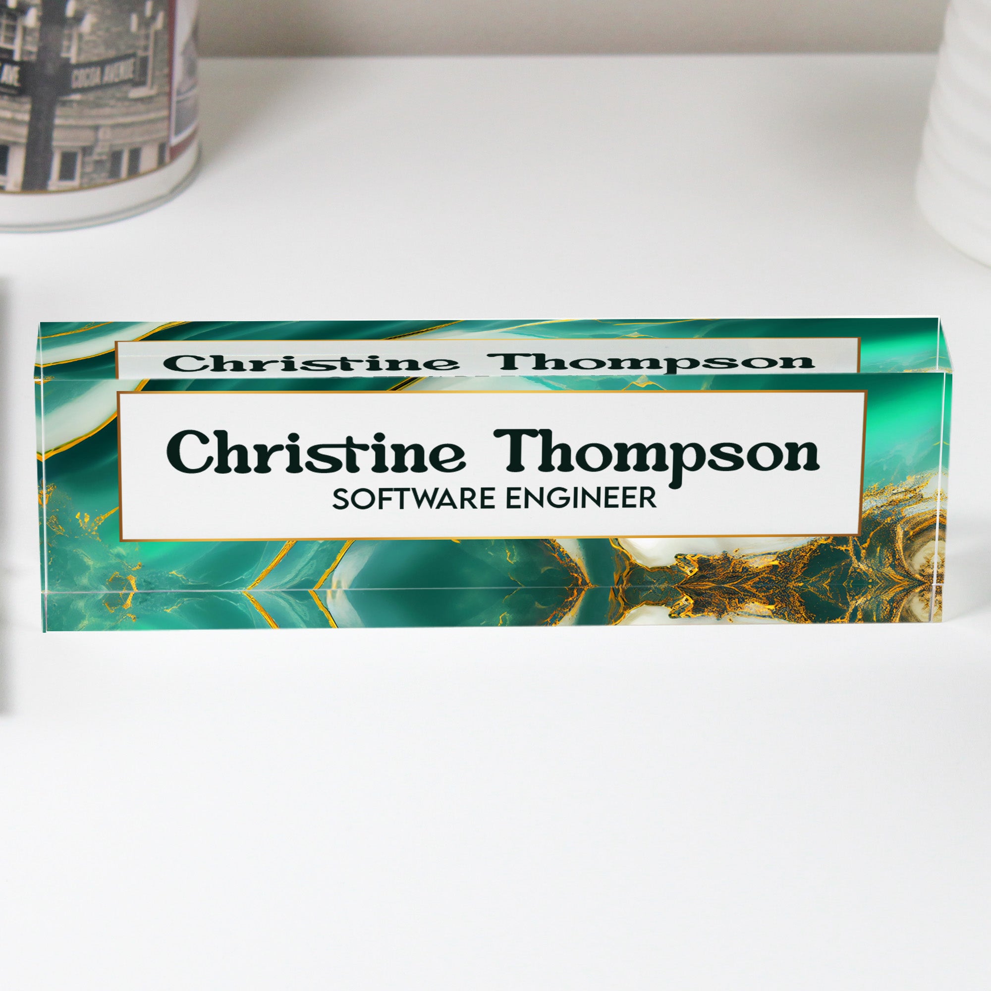 Personalized Acrylic Desk Block with Elegant Teal and Gold Marble Design – Custom Nameplate for Professionals & Gift Occasions - Image 1