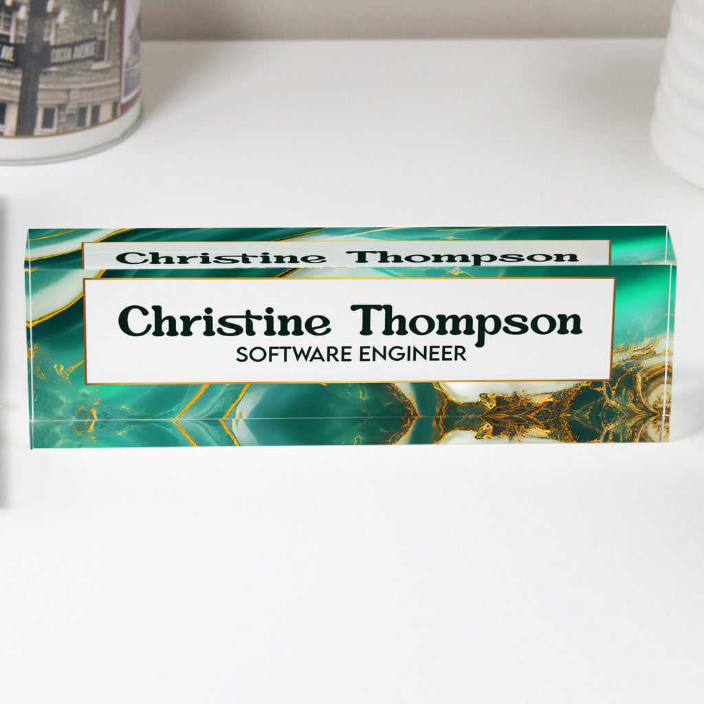 Personalized Acrylic Desk Block with Elegant Teal and Gold Marble Design – Custom Nameplate for Professionals & Gift Occasions - Image 1