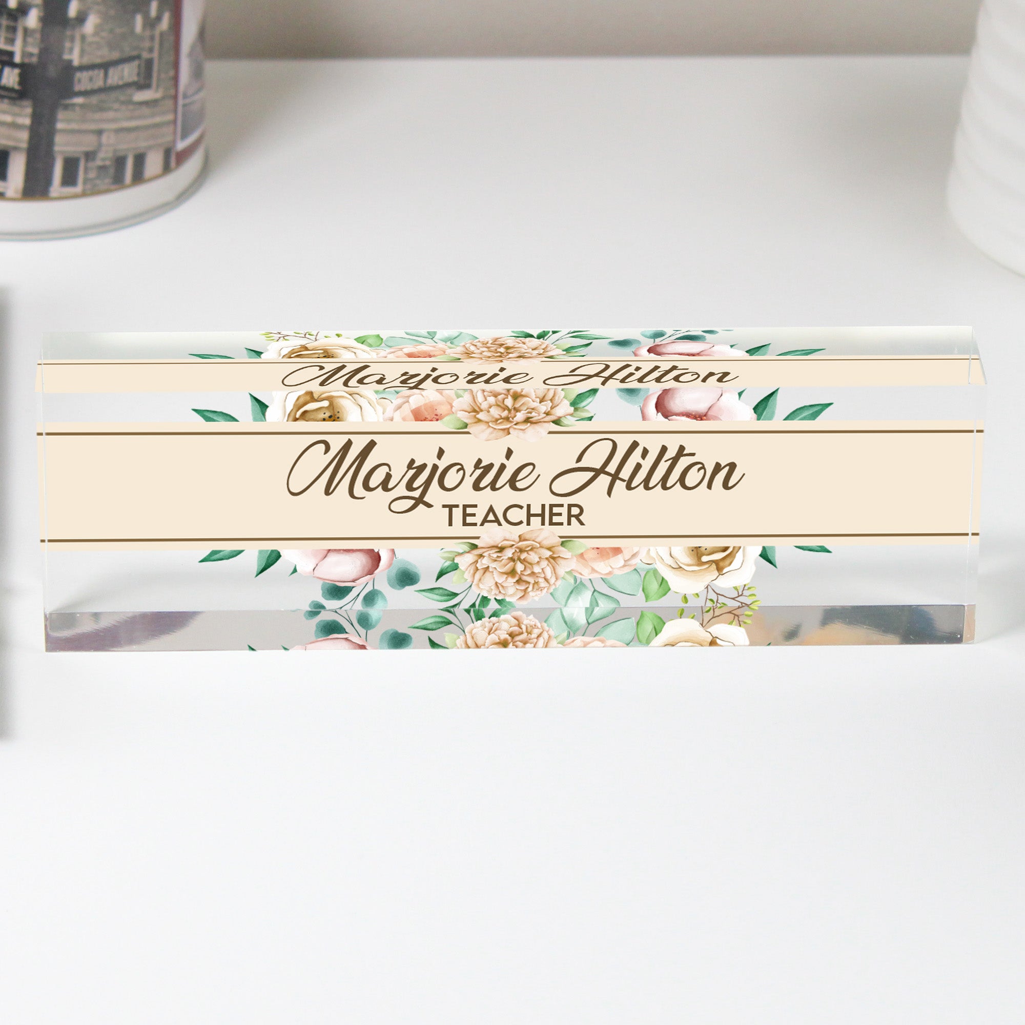 Custom Floral Acrylic Desk Name Plate - Personalized Teacher Gift with Elegant Bloom Design - Image 1
