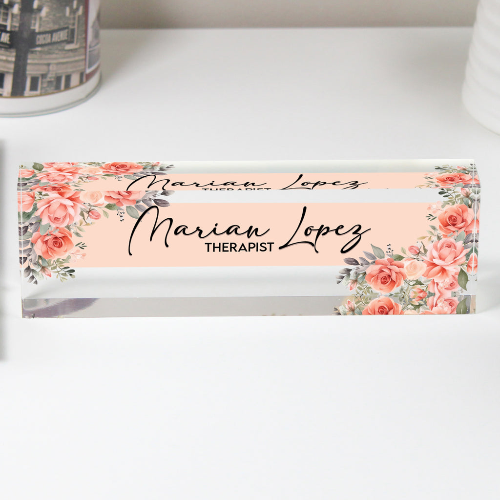 Personalized Floral Acrylic Desk Name Plate - Elegant Custom Gift for Therapists and Professionals - Image 1