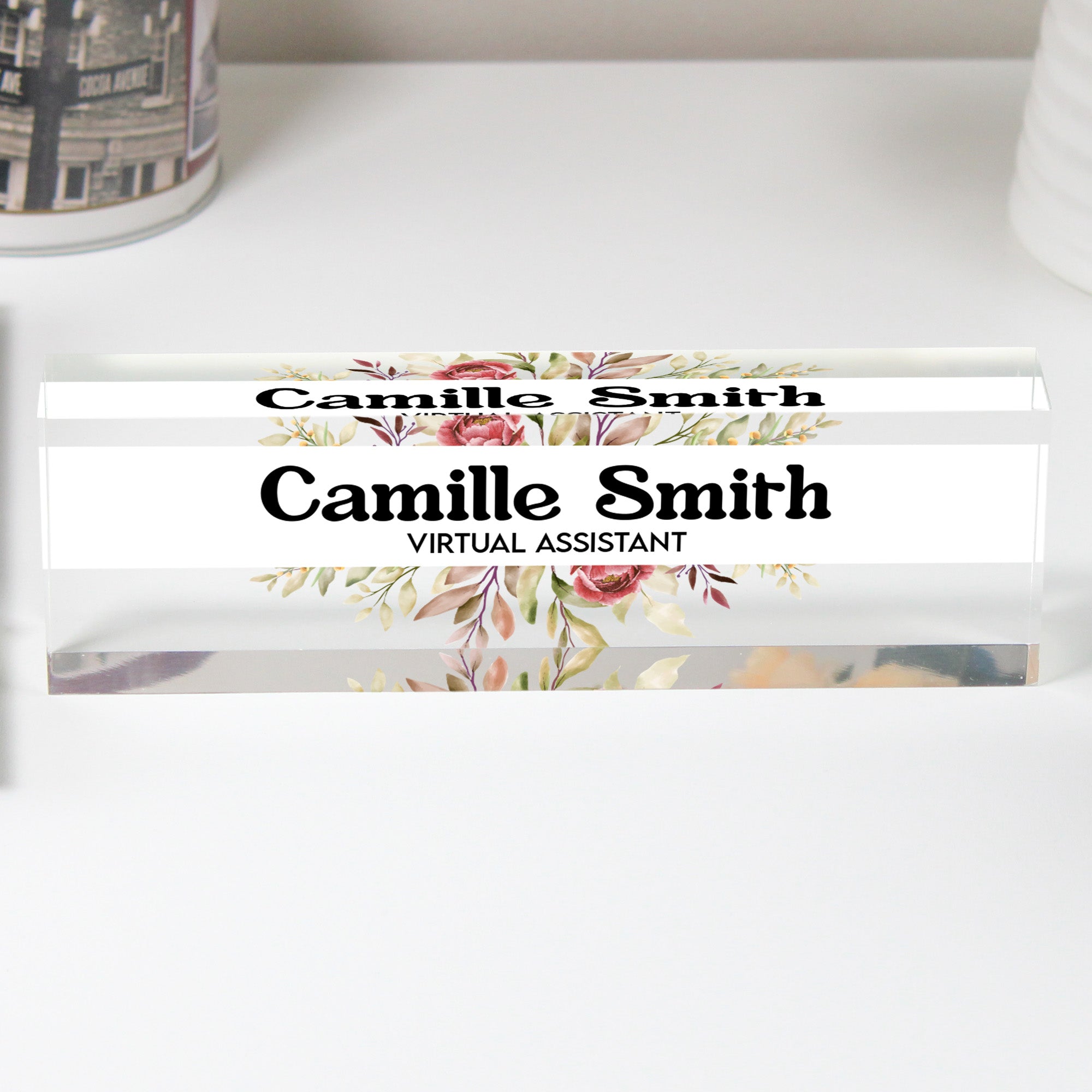 Personalized Floral Acrylic Desk Name Plate - Customizable Office Decor for Virtual Assistants - Perfect Gift for Professionals - Image 1