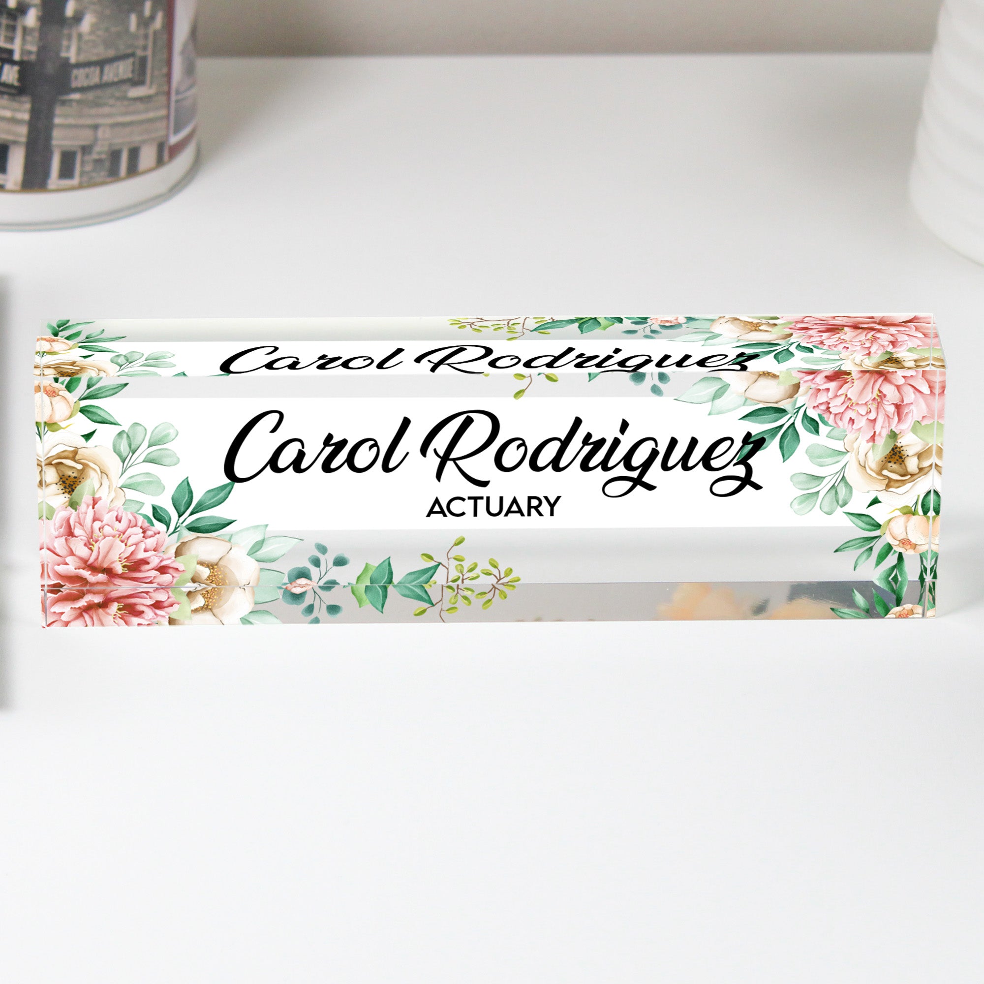 Personalized Floral Acrylic Desk Name Plate - Custom Engraved Gift for Actuaries, Elegant Office Decor - Image 1