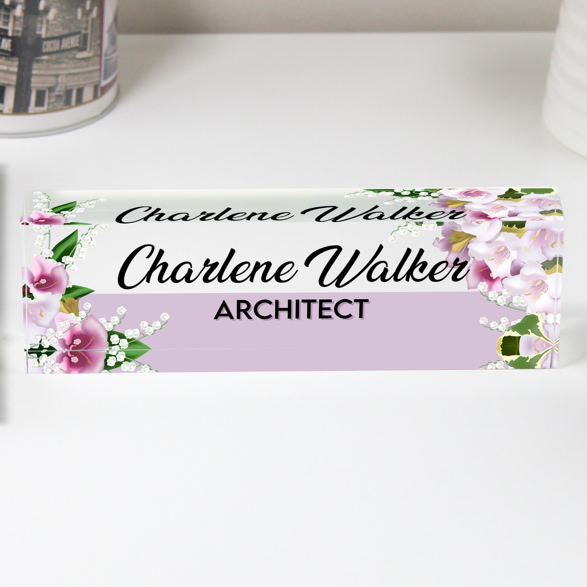 Personalized Floral Acrylic Desk Name Plate - Custom Architect Block with Lily and Orchid Design for Office Decor - Image 1