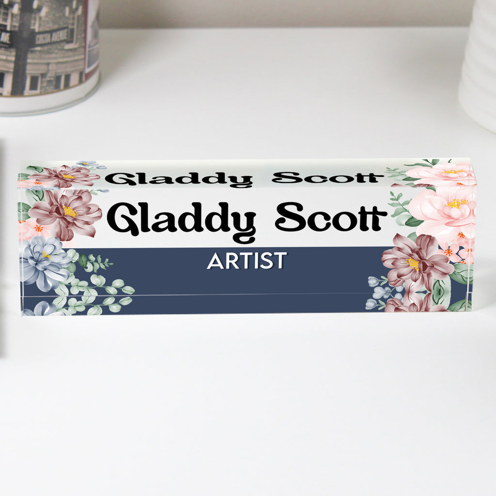Personalized Floral Acrylic Desk Block with Name and Title - Custom Gift for Artists and Creatives - Image 1