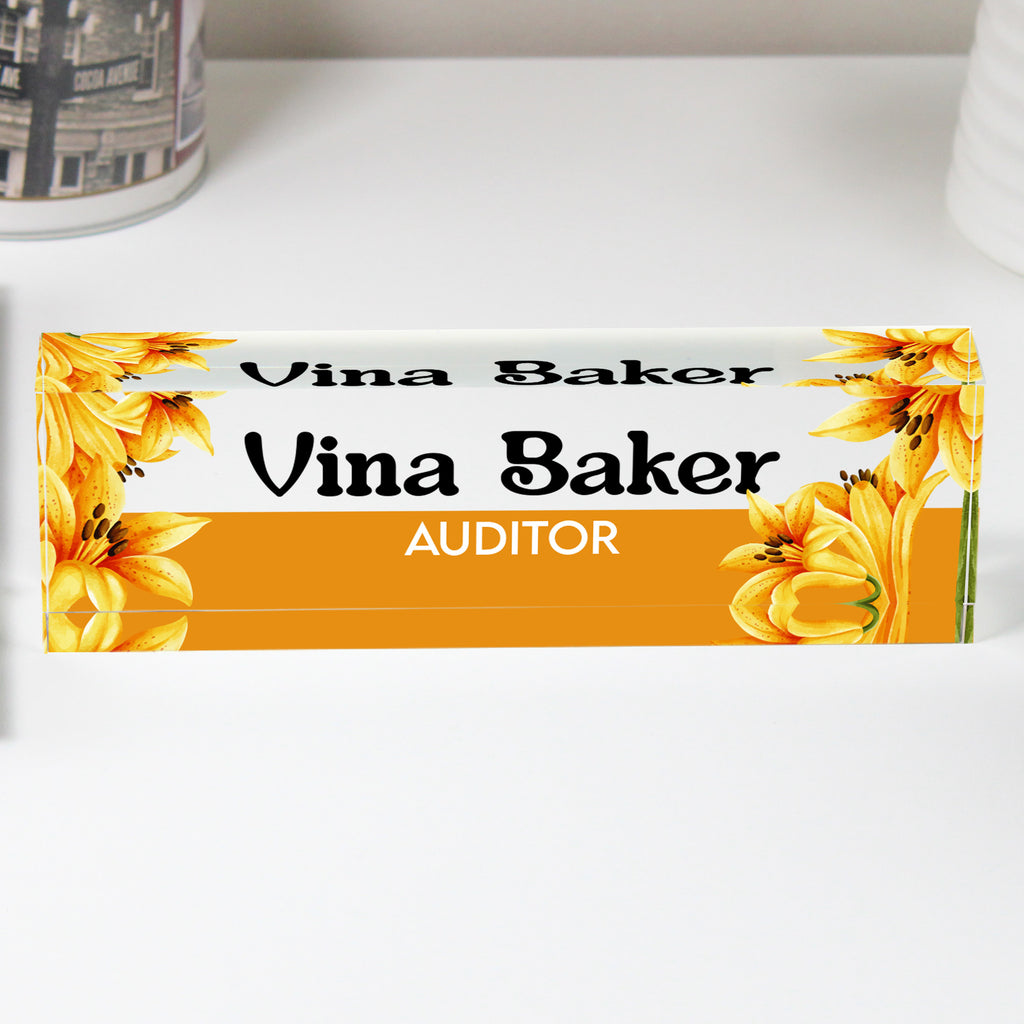 Personalized Floral Acrylic Desk Block - Custom Name & Title, Perfect Gift for Professionals and Special Occasions - Image 1