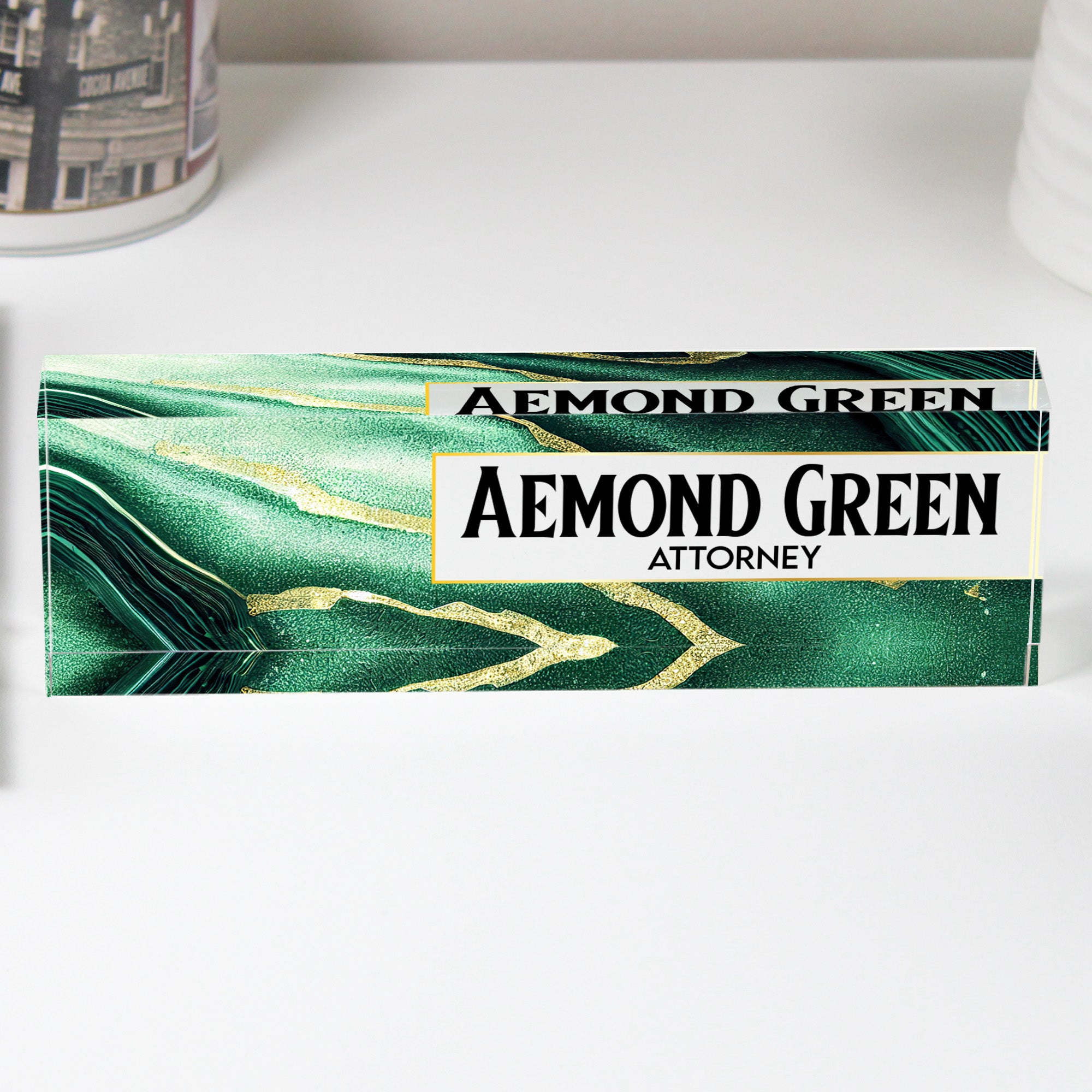 Personalized Acrylic Desk Name Plate - Custom Green Marble Design for Attorneys and Professionals - Image 1