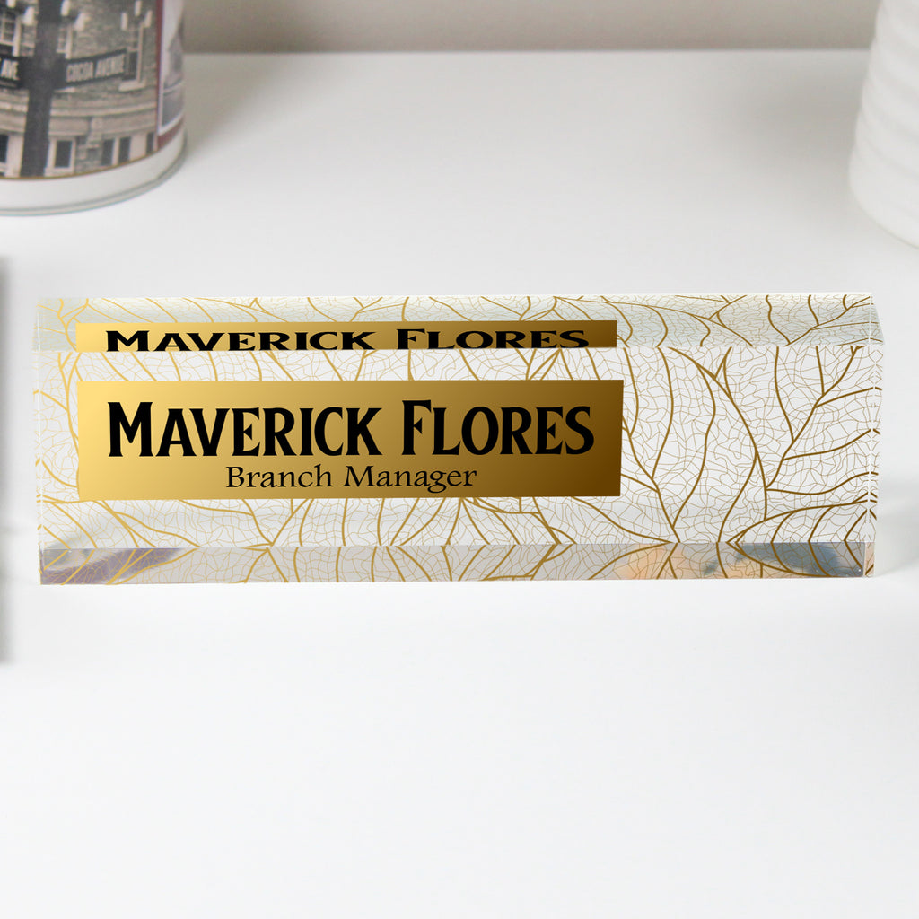 Personalized Acrylic Desk Name Block - Elegant Gold Leaf Design for Office or Home Decor - Perfect Gift for Professionals and Loved Ones - Image 1