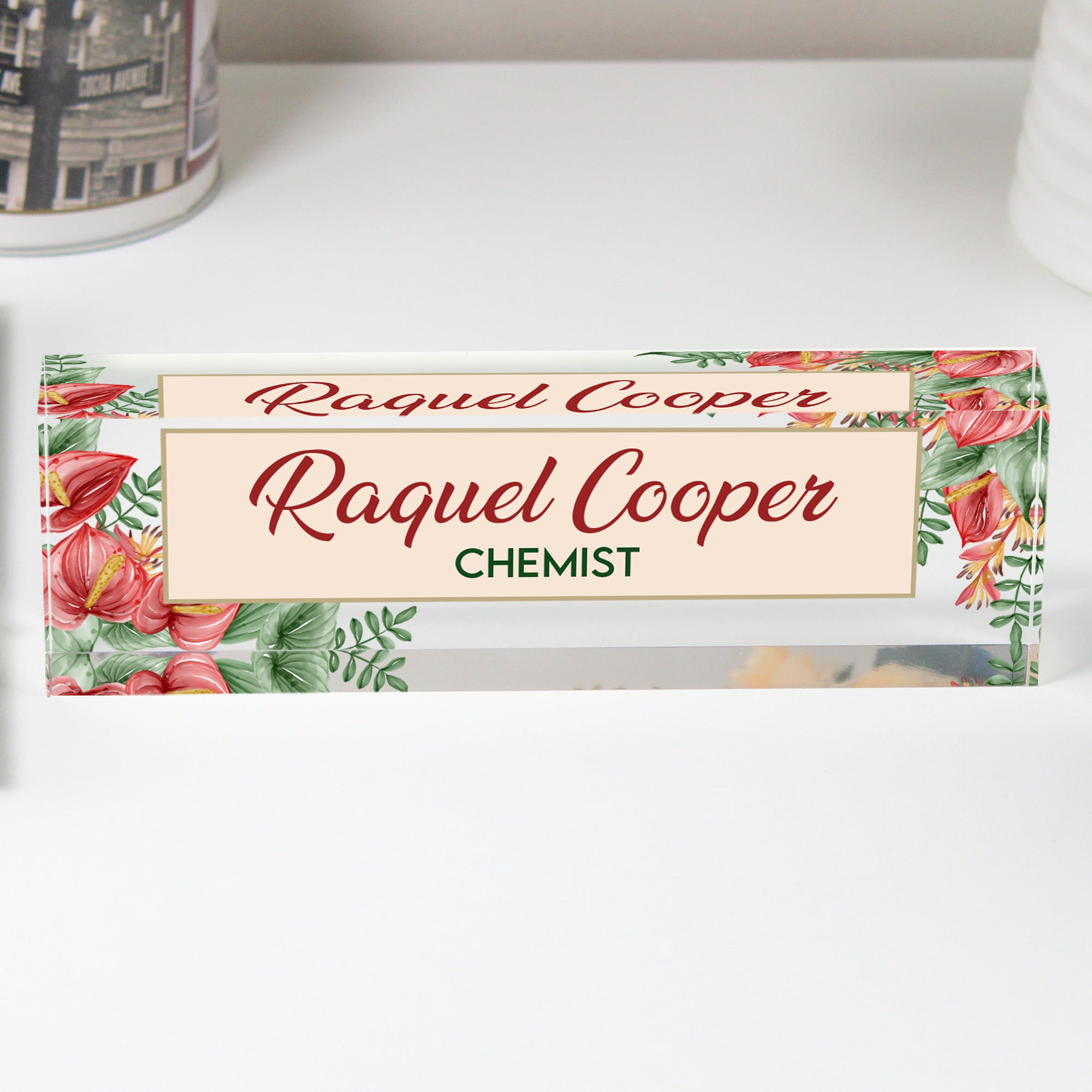 Personalized Acrylic Desk Nameplate with Floral Design - Customizable for Chemists and Professionals, Perfect Gift for Workspaces - Image 1
