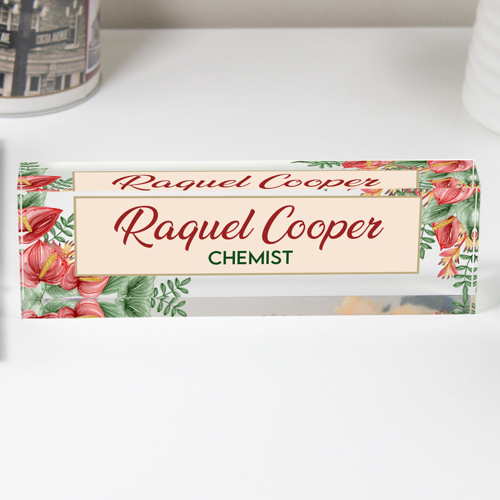 Personalized Acrylic Desk Nameplate with Floral Design - Customizable for Chemists and Professionals, Perfect Gift for Workspaces - Image 1