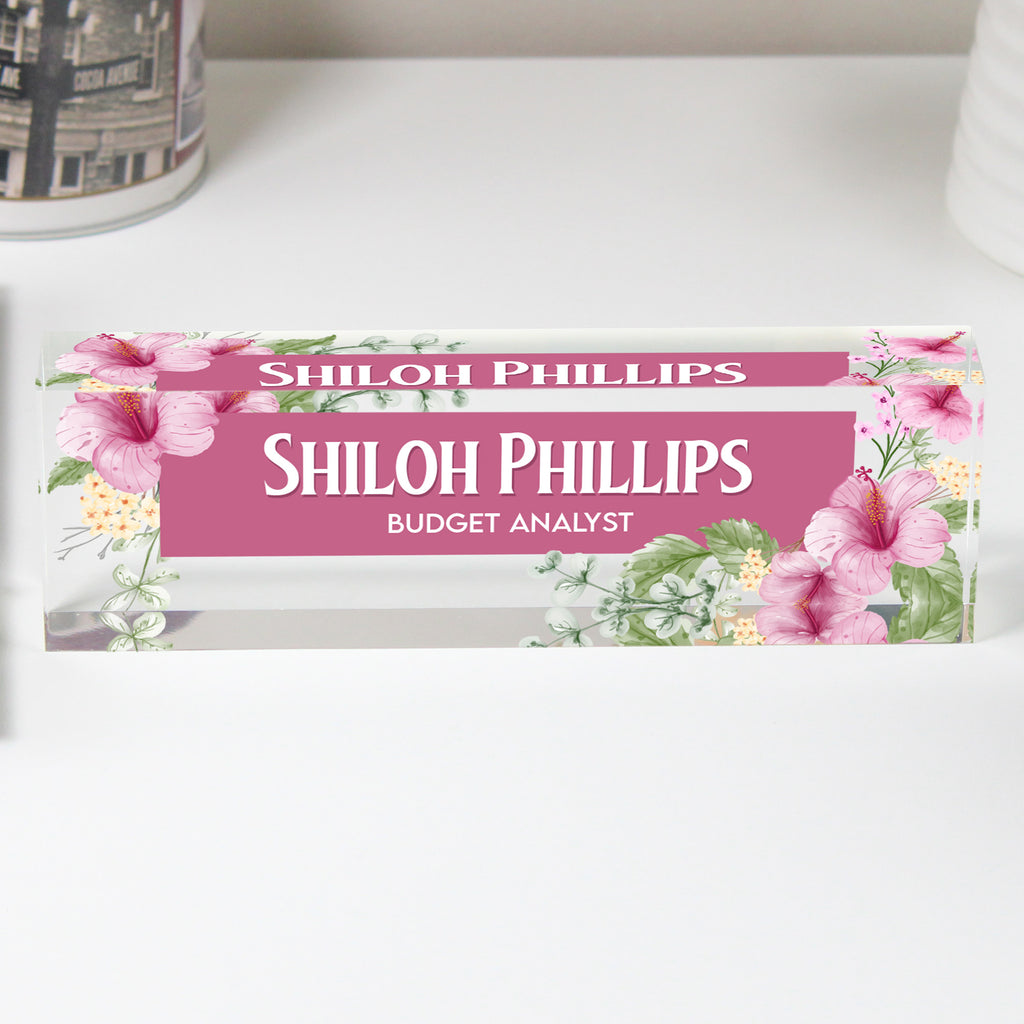 Personalized Floral Acrylic Desk Name Plate - Custom Office Decor for Budget Analysts and Professionals - Image 1