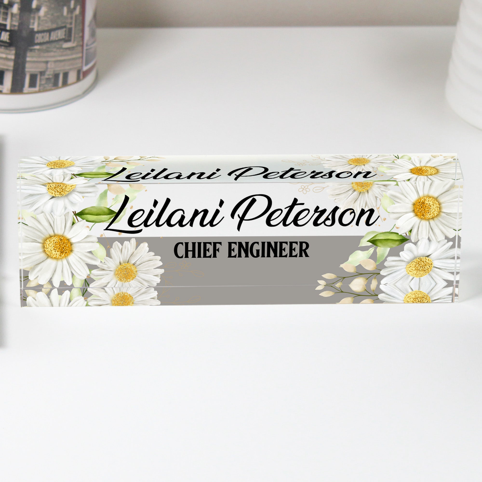 Personalized Floral Acrylic Desk Name Plate - Custom Engraved with Daisies Design for Office, Boss, or Gift - Image 1