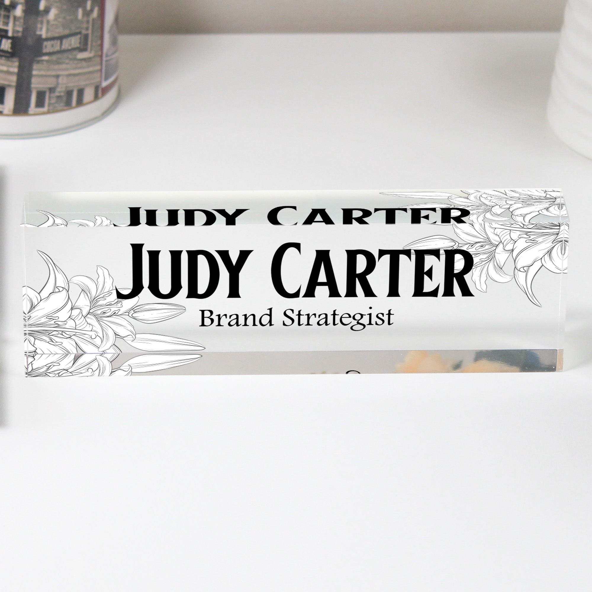 Personalized Acrylic Desk Name Plate with Floral Design - Custom Office Decor for Brand Strategists and Professionals - Image 1