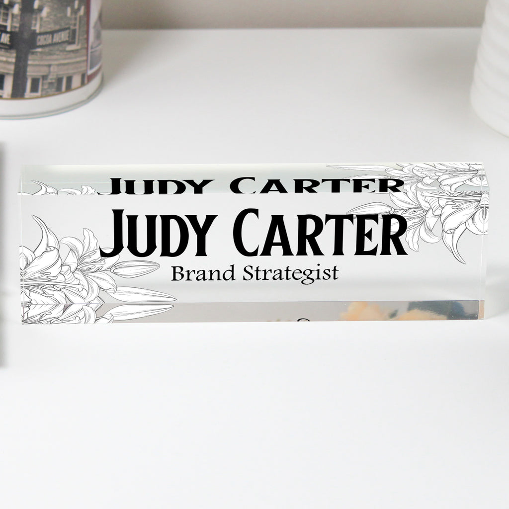 Personalized Acrylic Desk Name Plate with Floral Design - Custom Office Decor for Brand Strategists and Professionals - Image 1