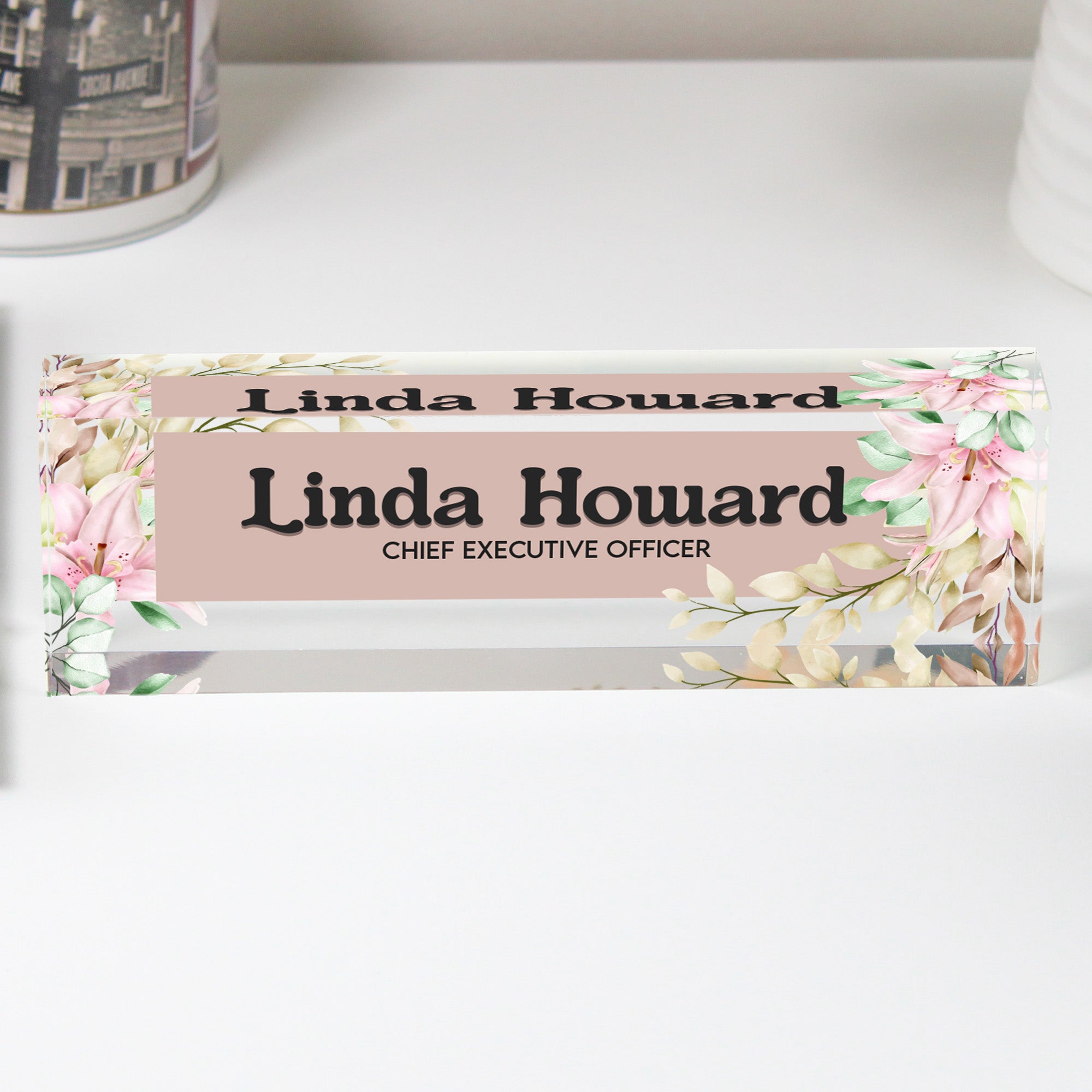 Personalized Floral Acrylic Desk Name Plate – Elegant Handmade Gift for Executives and Professionals - Image 1