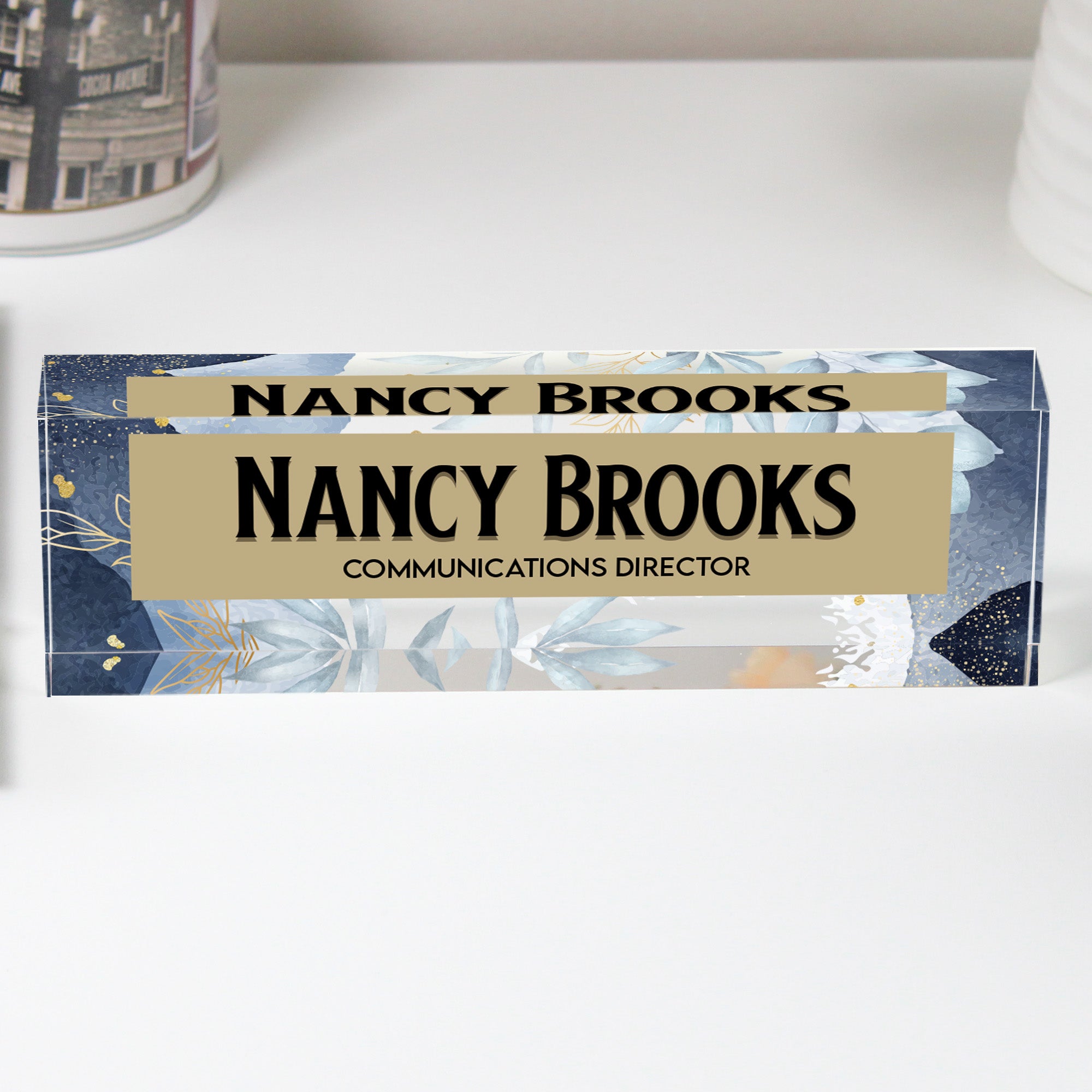 Personalized Acrylic Desk Block Nameplate with Elegant Floral Design - Perfect for Office Decor and Gift Giving - Image 1