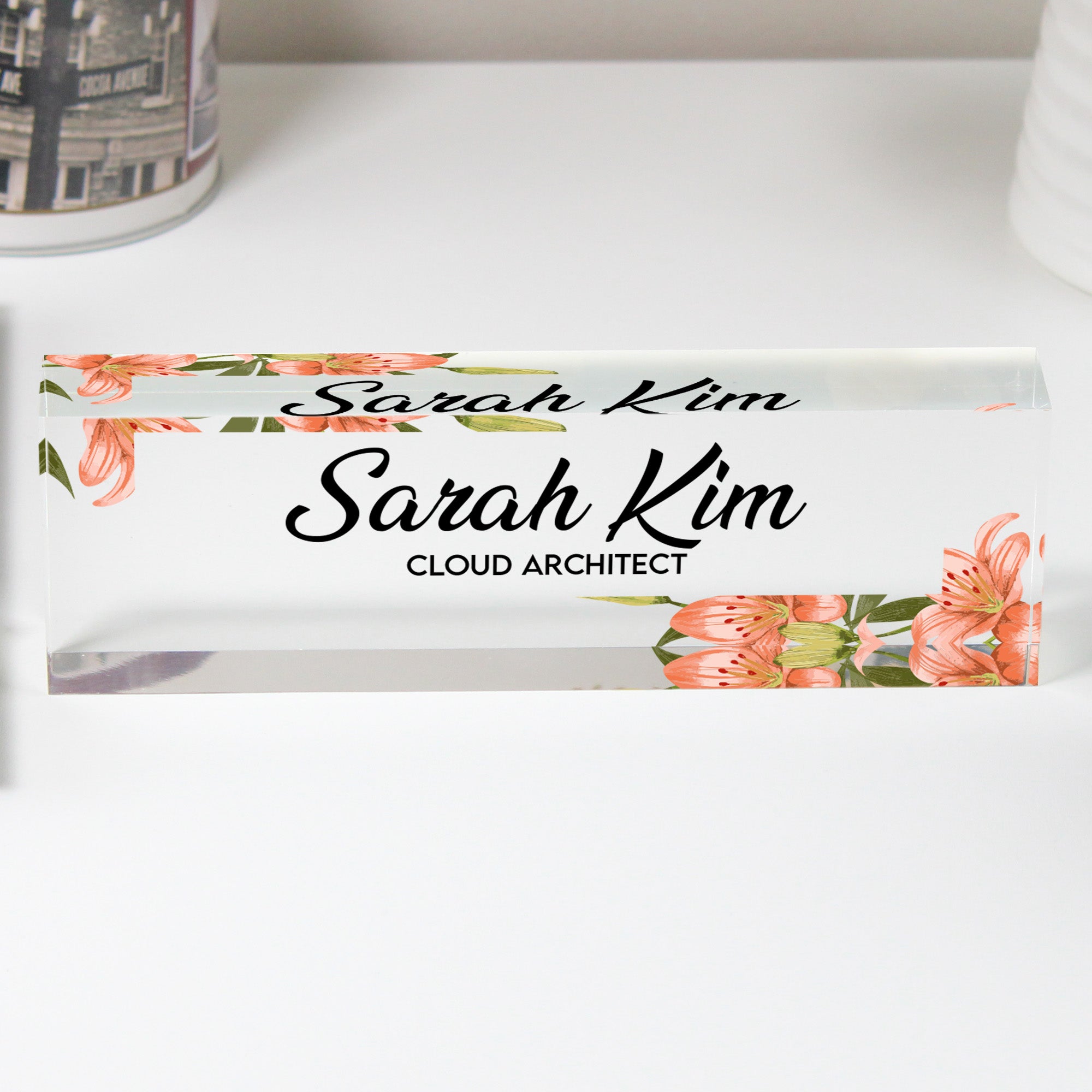 Personalized Floral Acrylic Desk Block - Custom Name & Title - Elegant Office Decor & Thoughtful Gift for Professionals - Image 1