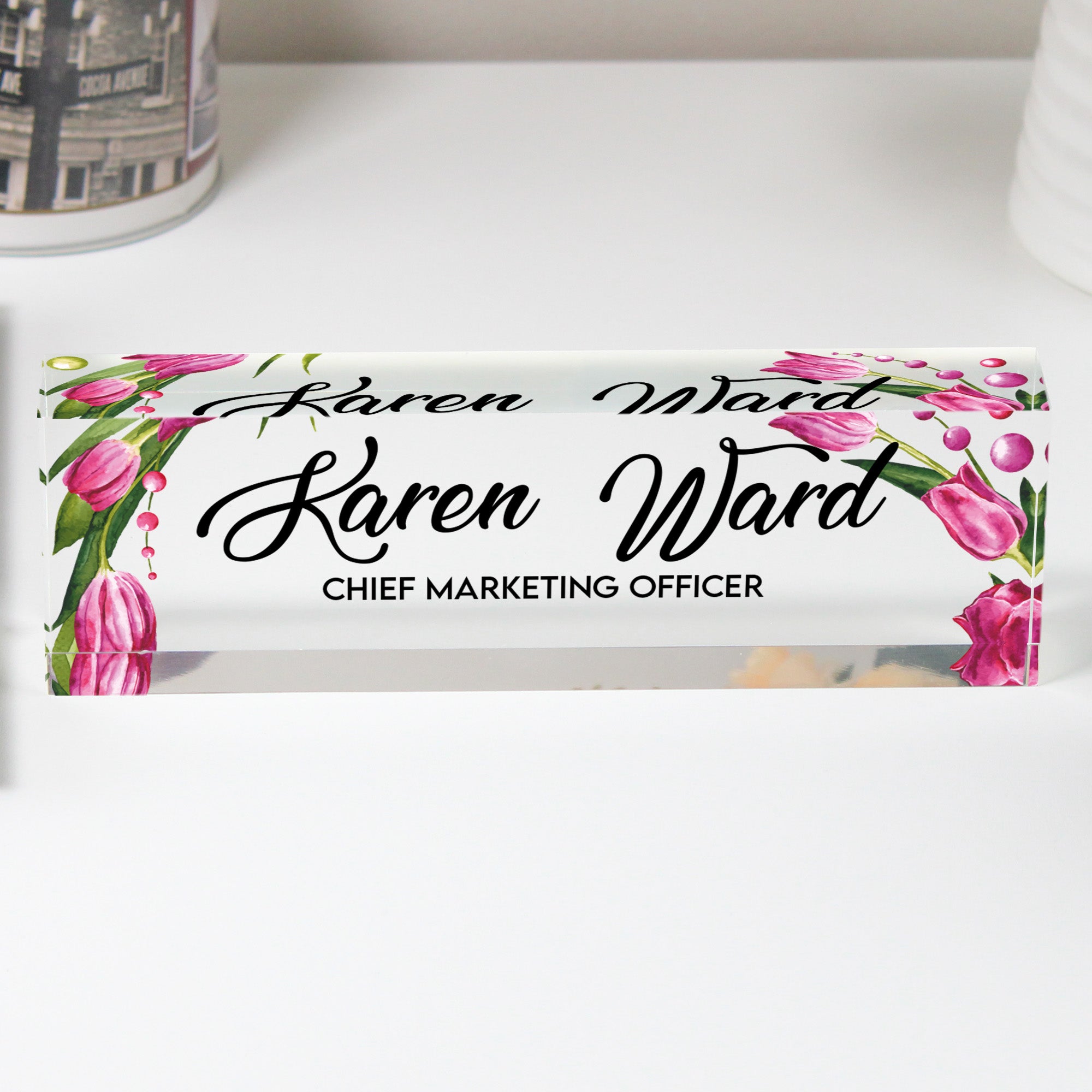 Personalized Floral Acrylic Desk Nameplate - Custom Office Decor with Elegant Script for Gift-Giving - Image 1