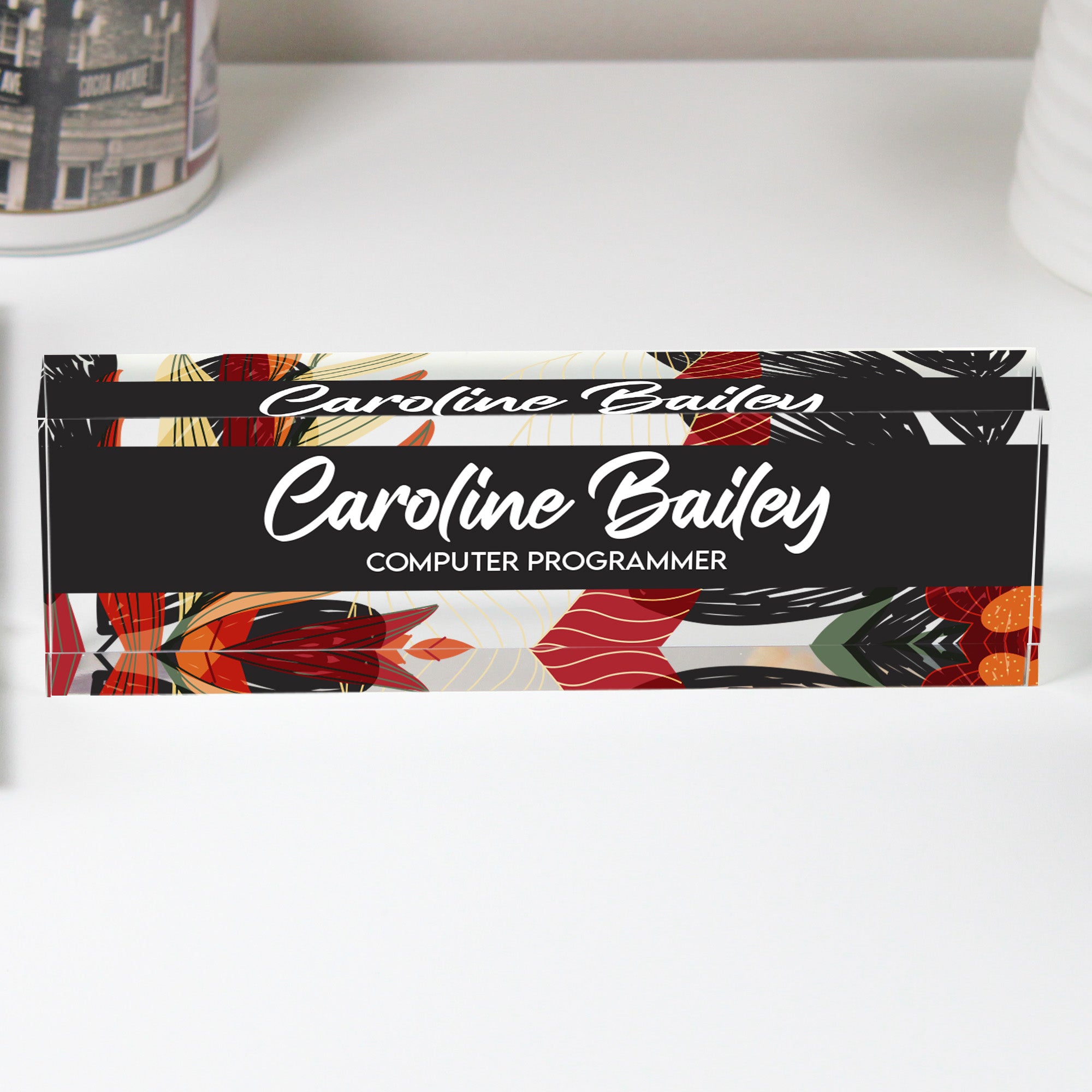 Personalized Acrylic Desk Block with Floral Design - Custom Name Plate for Computer Programmers - Image 1