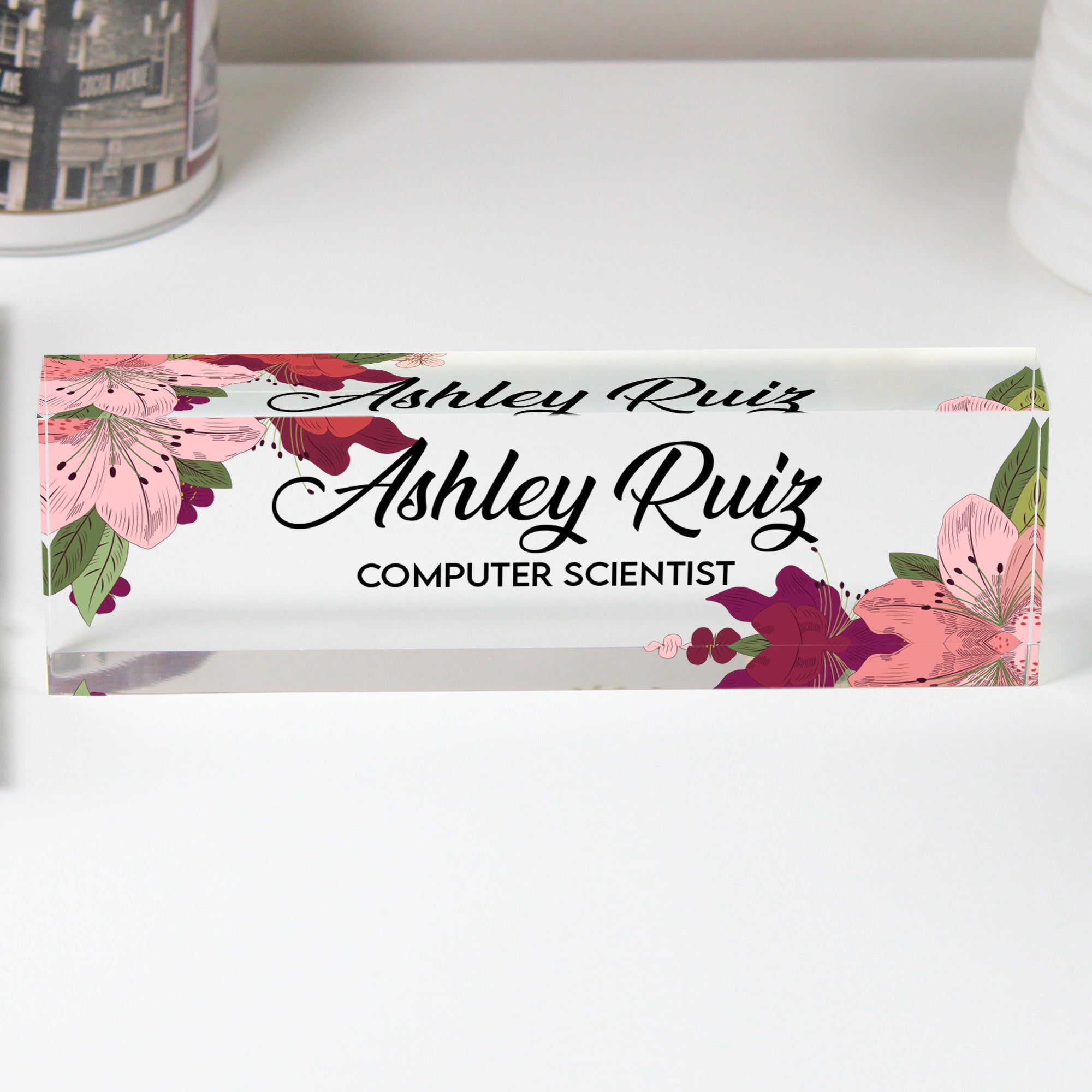 Personalized Floral Acrylic Desk Name Block - Custom Office Decor for Computer Scientists - Image 1