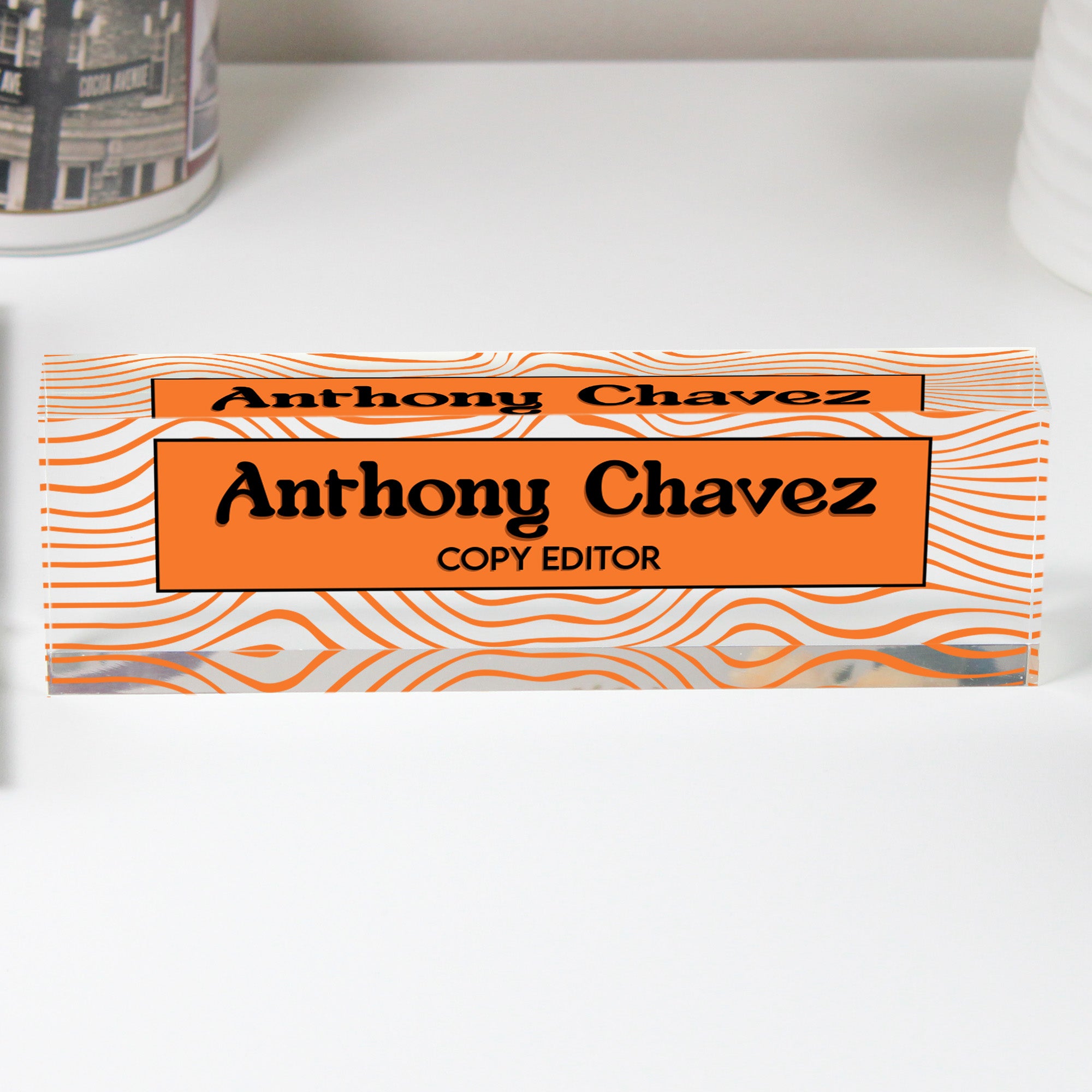 Personalized Acrylic Desk Block - Custom Nameplate with Vibrant Orange Wave Design for Copy Editors - Image 1