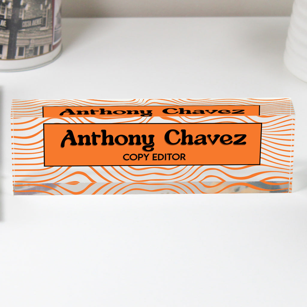Personalized Acrylic Desk Block - Custom Nameplate with Vibrant Orange Wave Design for Copy Editors - Image 1
