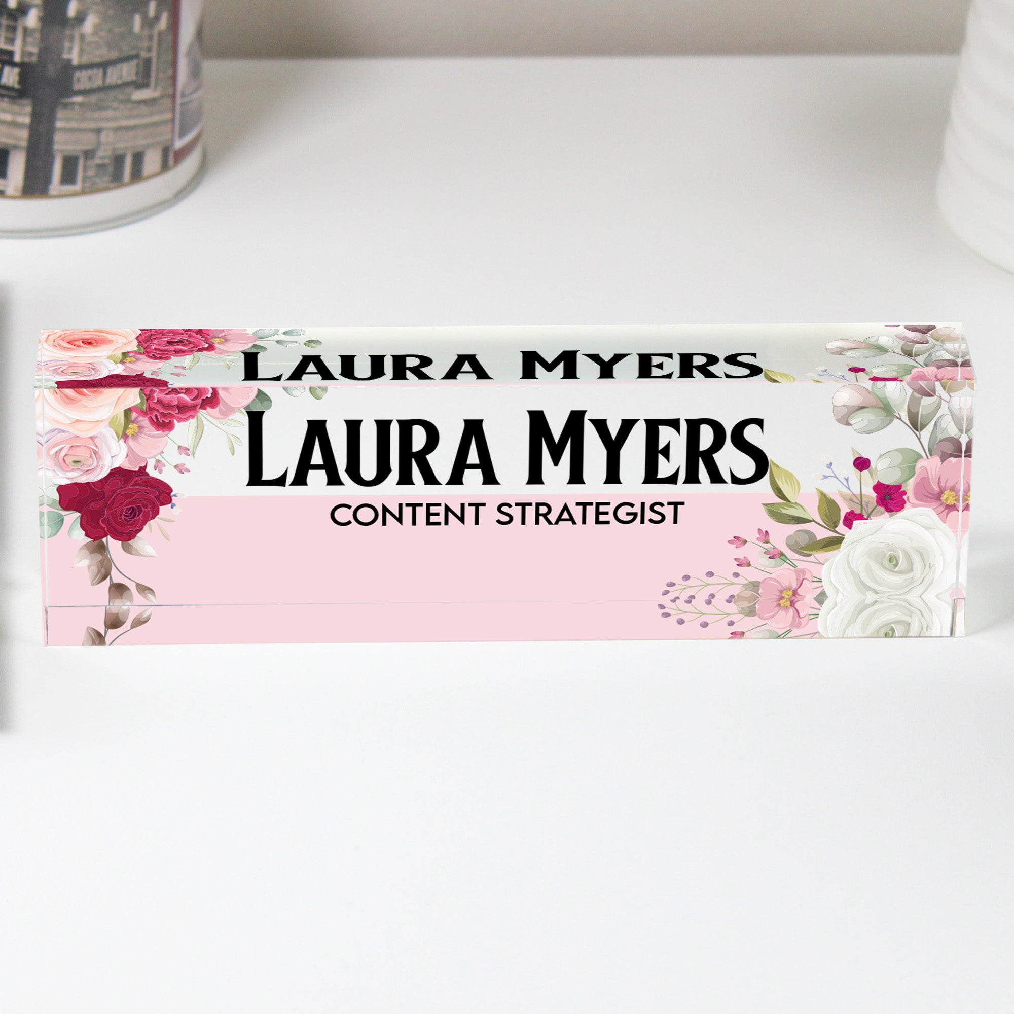 Exquisite Personalized Floral Acrylic Desk Nameplate - Customized Gift for Content Strategists, Crafted with Love - Image 1