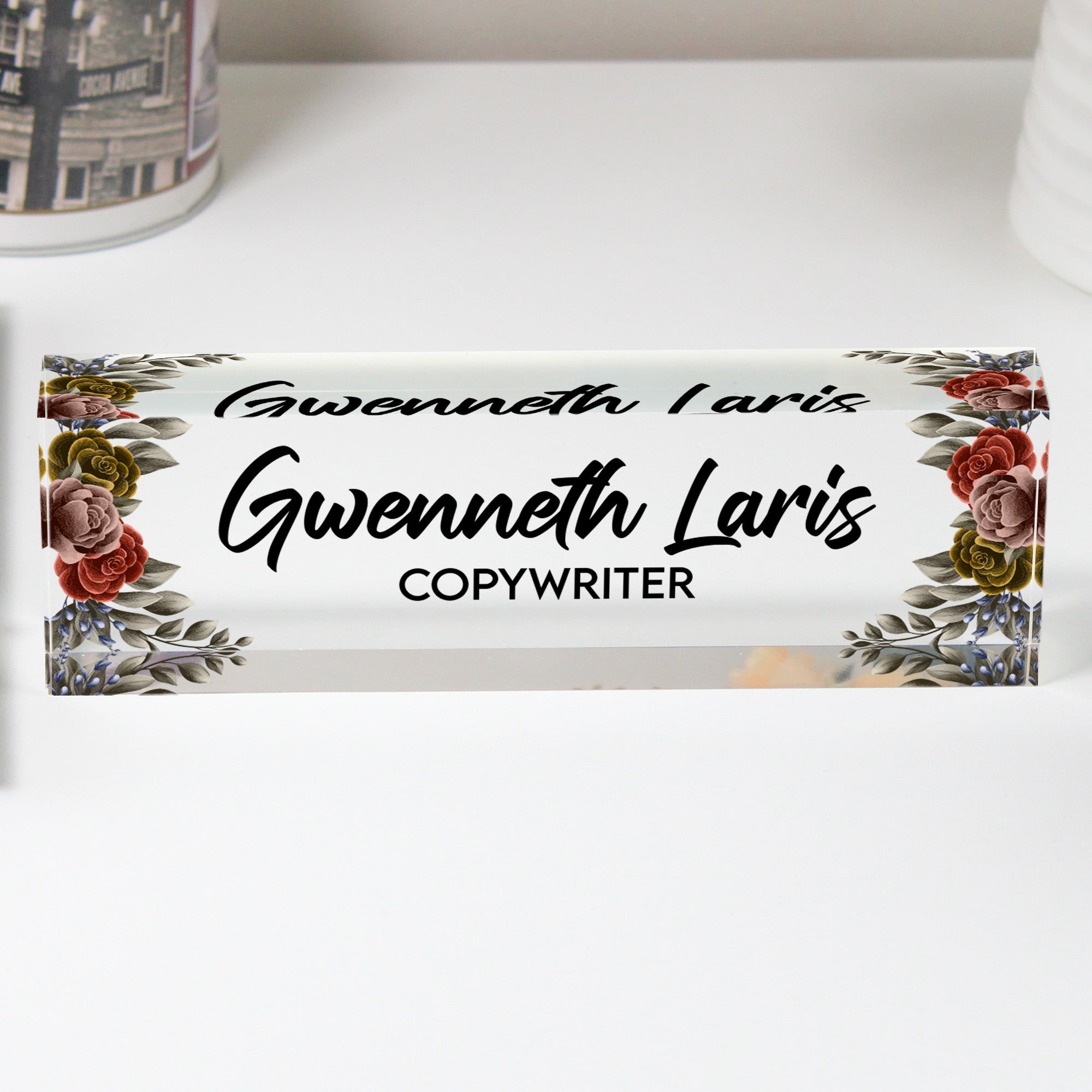 Personalized Acrylic Desk Block with Floral Accents – Custom Name & Title for Elegant Office Decor or Thoughtful Gift - Image 1