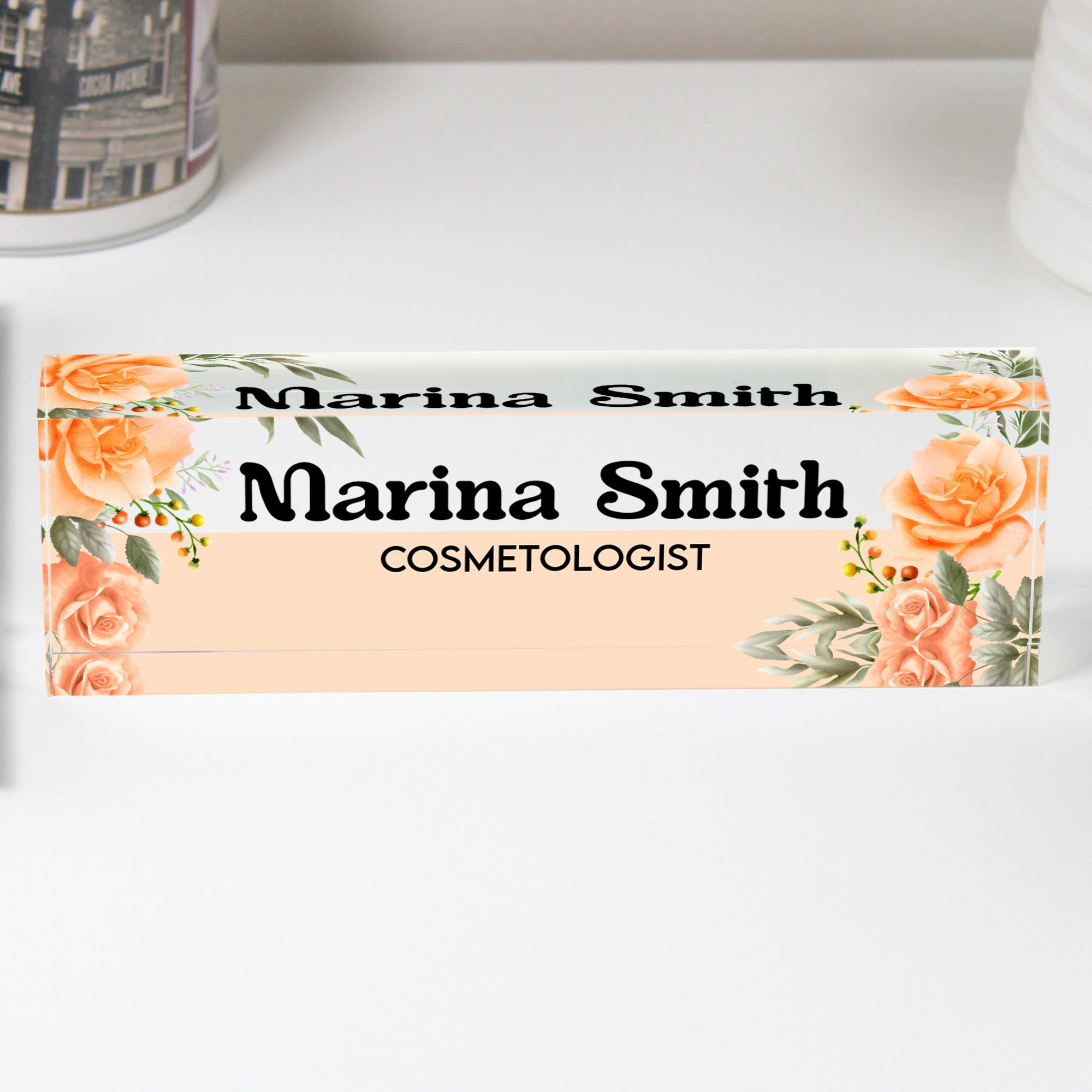 Personalized Floral Acrylic Desk Block - Custom Nameplate for Cosmetologist - Unique Handmade Gift for Beauty Professionals - Image 1