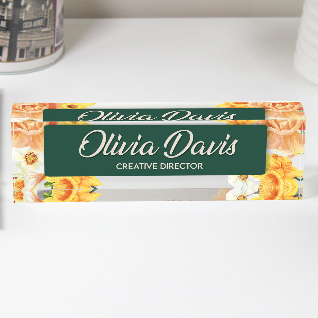Personalized Floral Acrylic Desk Block - Custom Nameplate for Office and Gift - Elegant Creative Director Design - Image 1