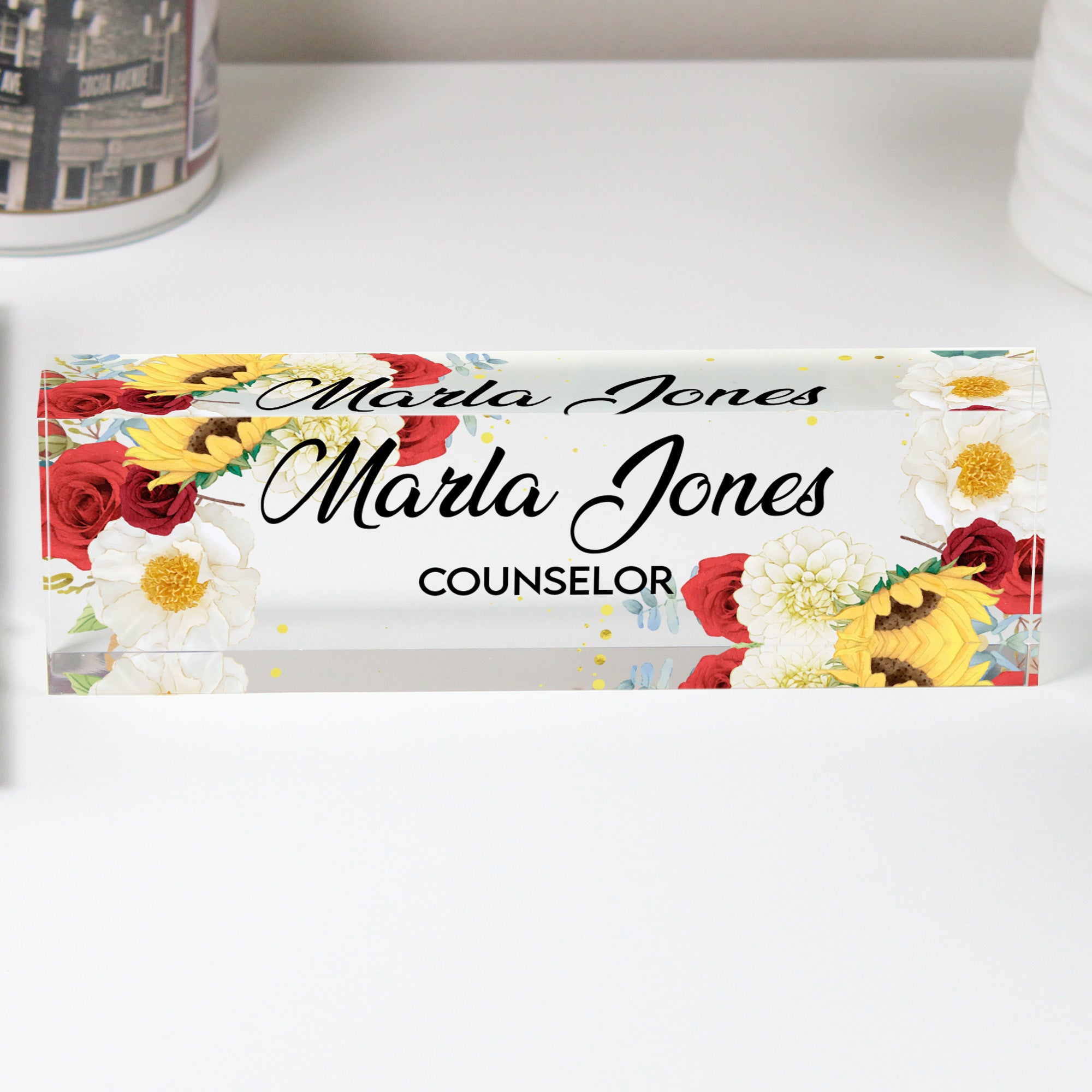 Personalized Floral Acrylic Desk Block Name Plate for Counselors – Elegant Office Decor and Thoughtful Gift Idea - Image 1