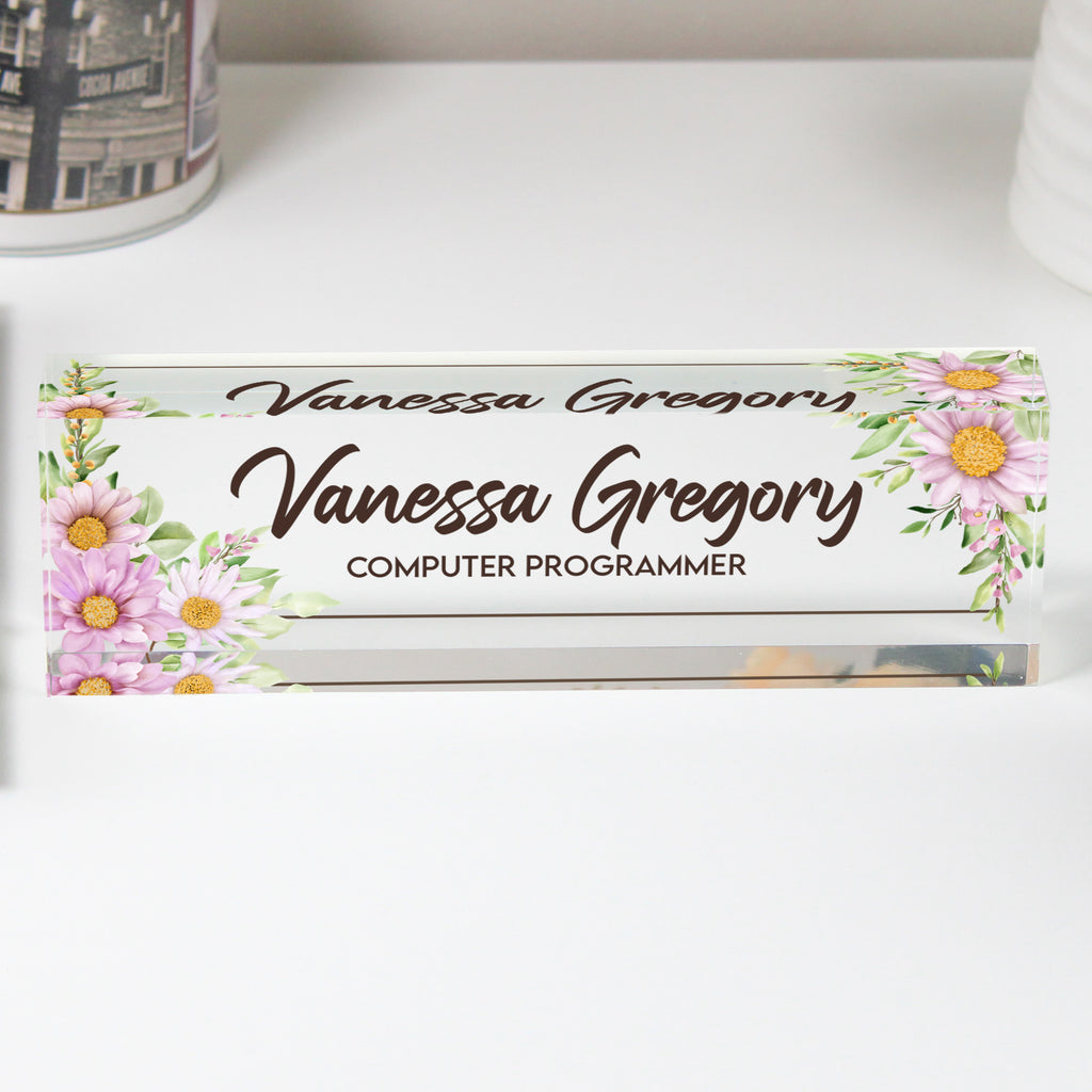 Personalized Floral Acrylic Desk Block - Custom Nameplate for Computer Programmers - Artistic Gift for Professionals - Image 1