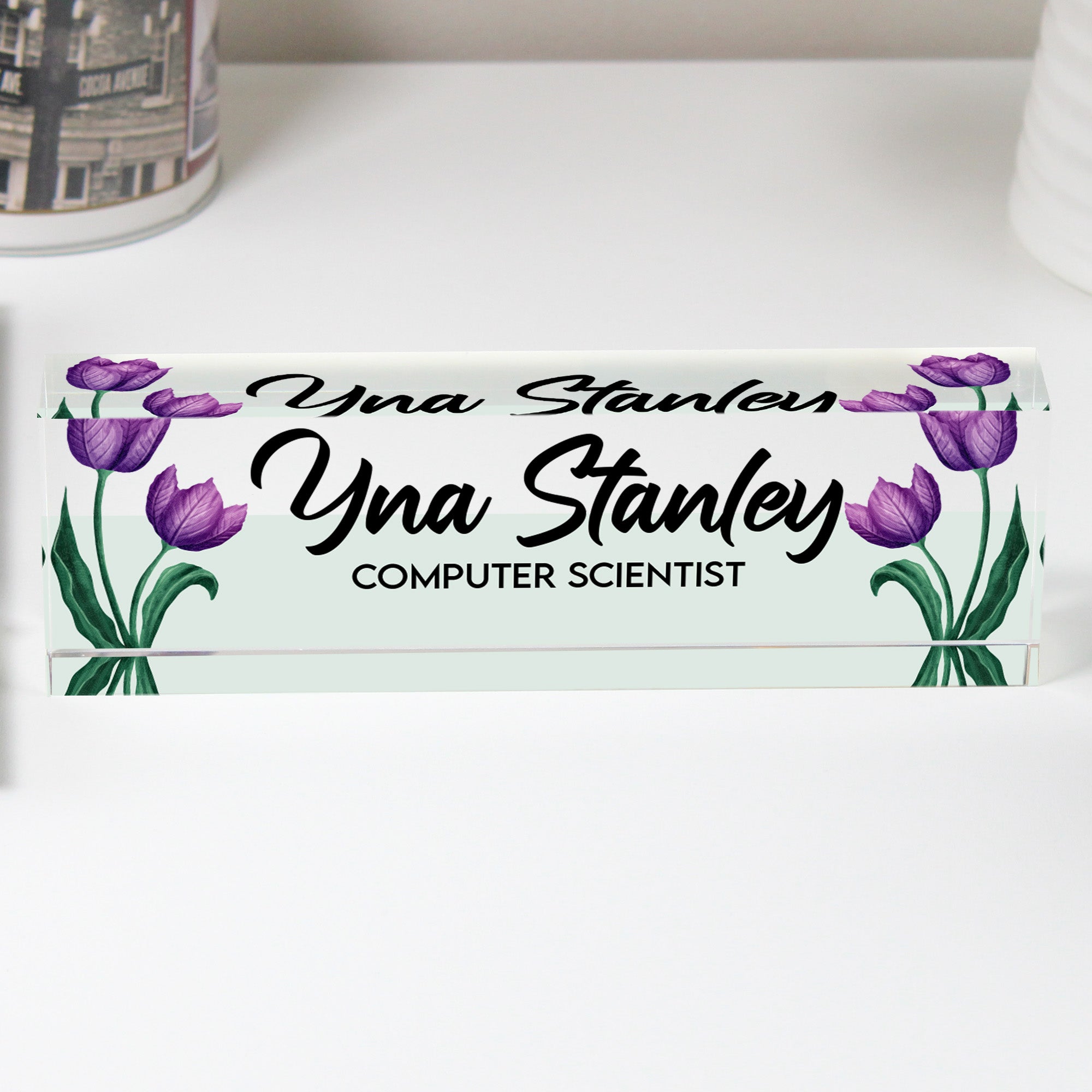 Personalized Acrylic Desk Block - Elegant Tulip Design with Custom Name and Profession for Thoughtful Gift Giving - Image 1
